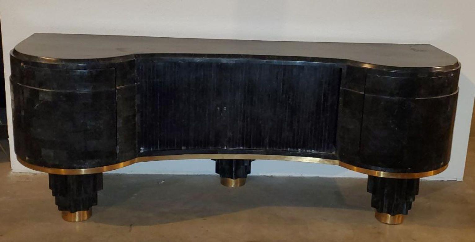 American 1930s Bow Front Tambour Door Credenza Tessellated Stone For Sale