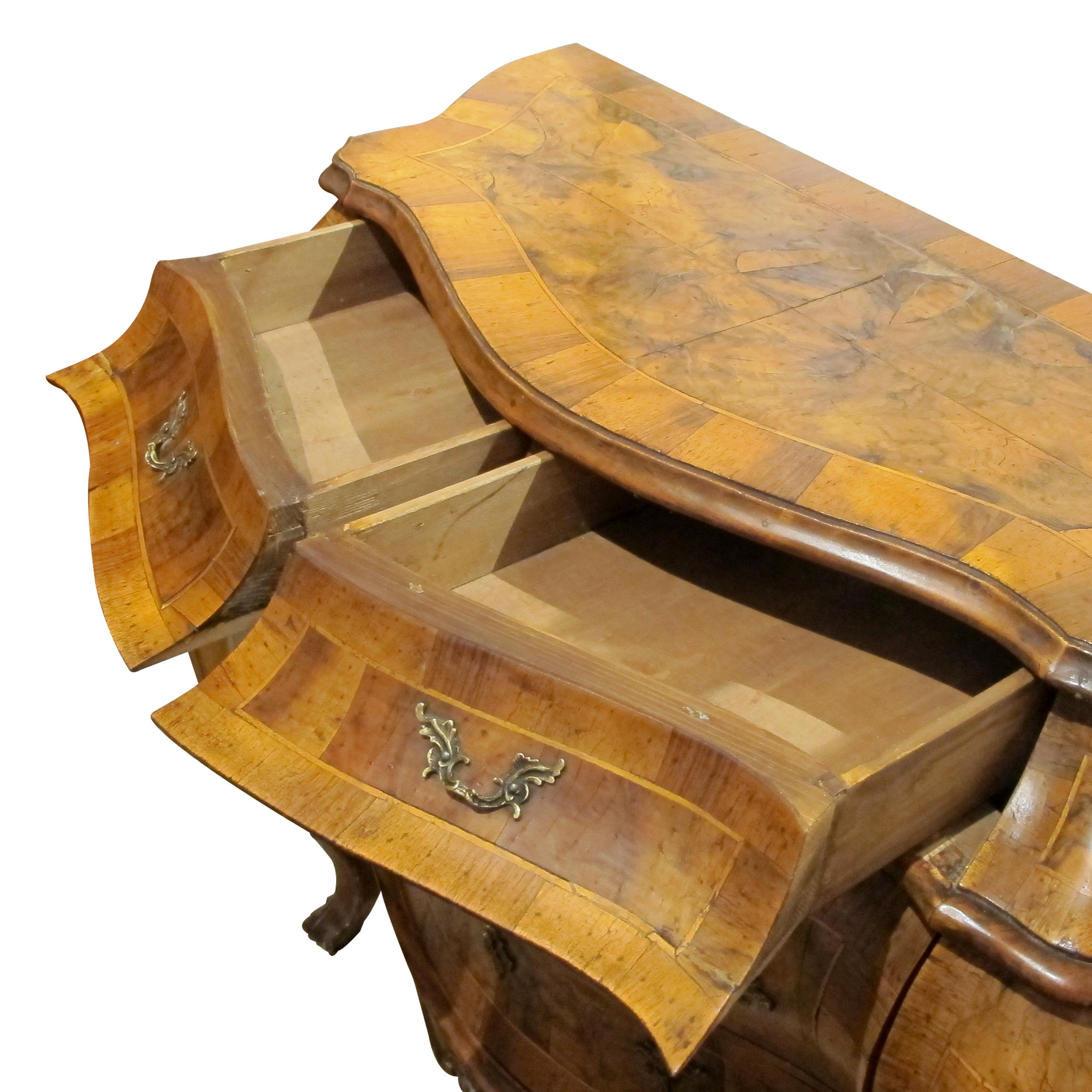 Olive 1930s Bow Fronted Chest of Drawers, Rococo Style, Italian For Sale