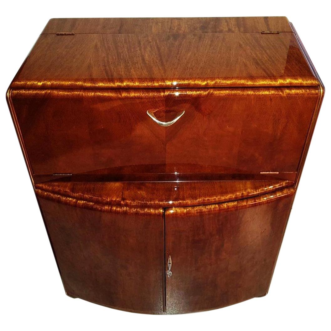 1930s Bowfront Bookmatched Burl Walnut Dry Bar For Sale