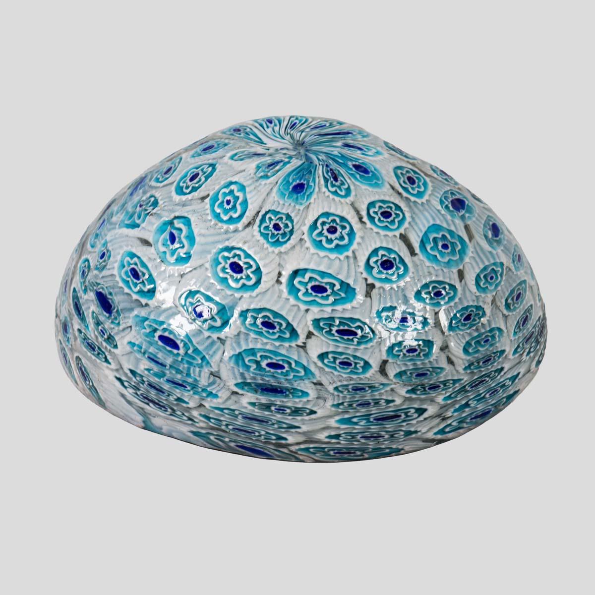 A 1938 very beautiful bowl. Blown Murano glass Murrine technique in blue, turquoise and white. Designed and made in the furnace of the Famiglia Ferro in Murano, Italy.