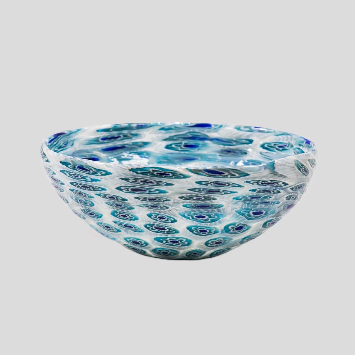 Mid-Century Modern 1930s Bowl Italian Design Murano Murrine Blown Glass White Blue Turquoise, Ferro For Sale