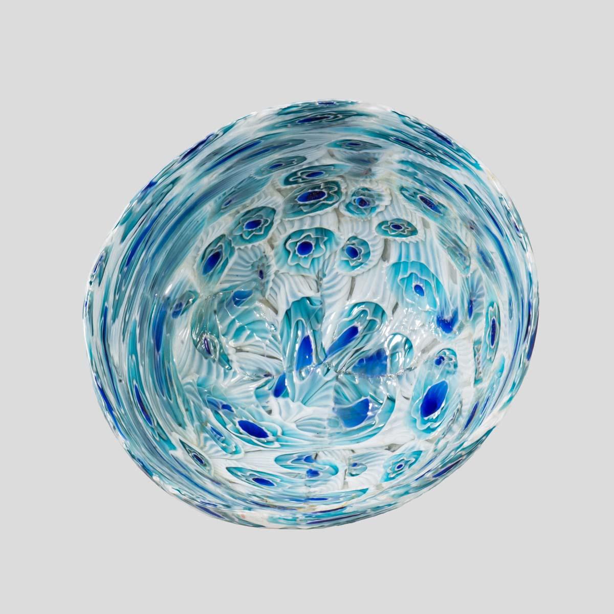 Mid-20th Century 1930s Bowl Italian Design Murano Murrine Blown Glass White Blue Turquoise, Ferro For Sale