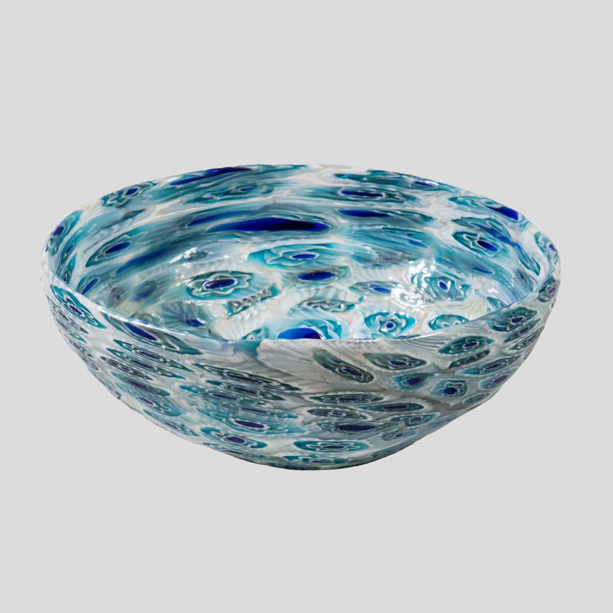 1930s Bowl Italian Design Murano Murrine Blown Glass White Blue Turquoise, Ferro For Sale 1