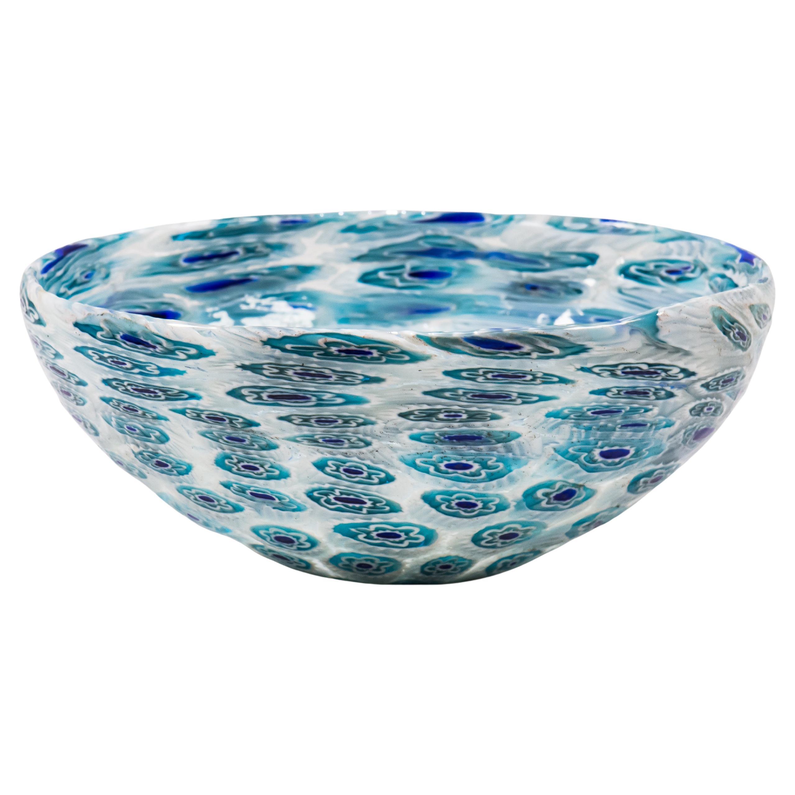 1930s Bowl Italian Design Murano Murrine Blown Glass White Blue Turquoise, Ferro For Sale