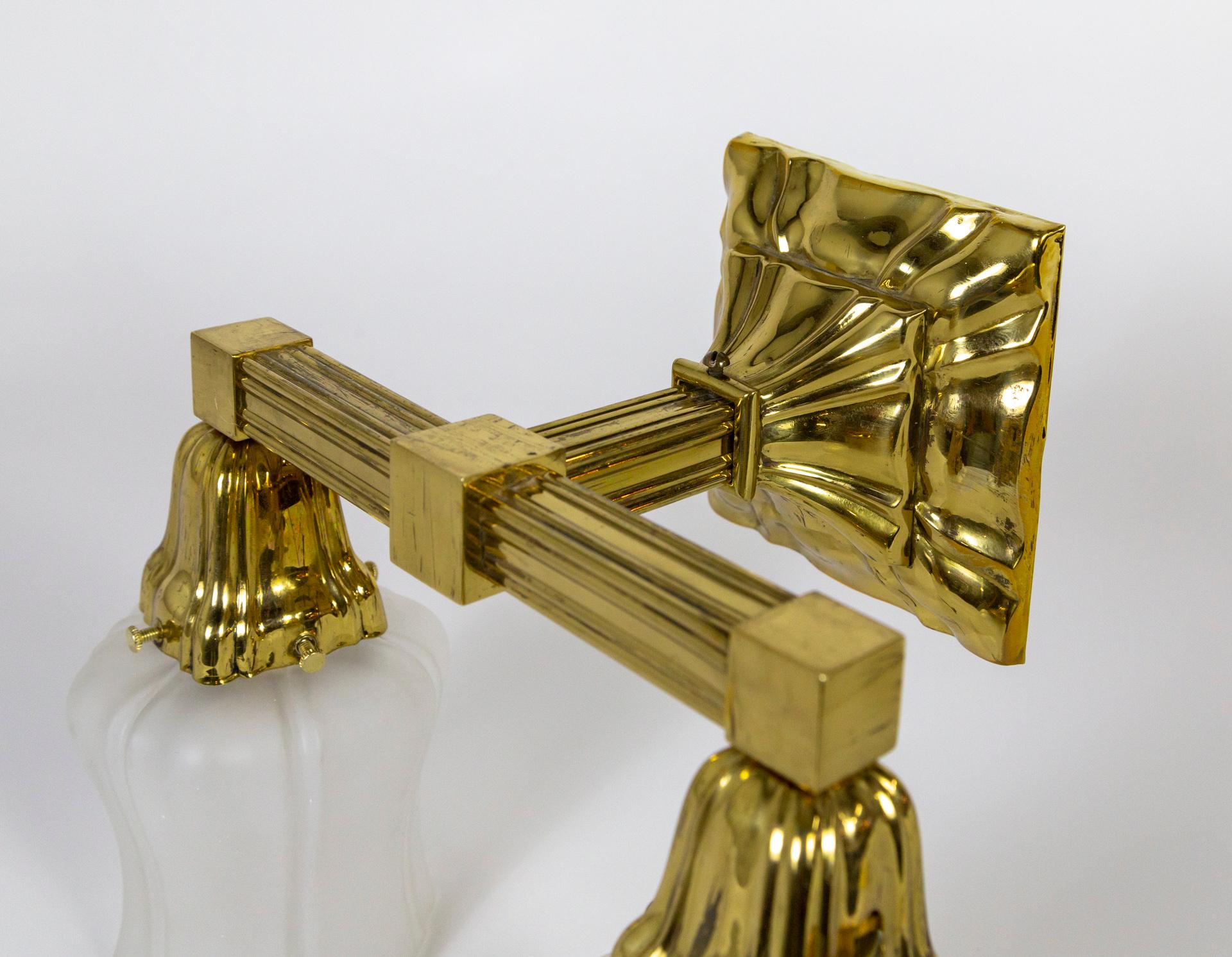 1930s Brass 2-Arm Sheffield Sconce W/ Frosted Glass Shades For Sale 2