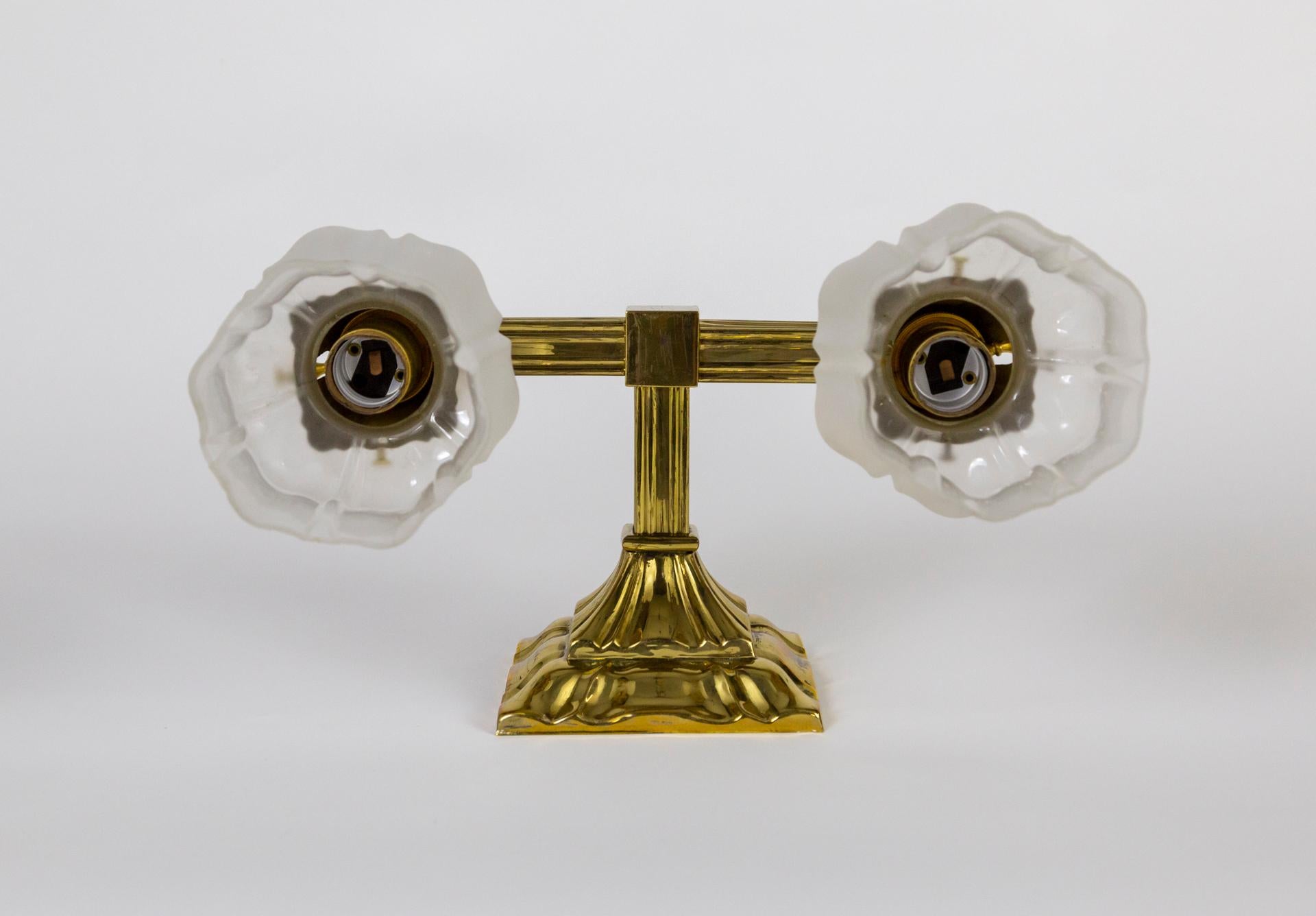 1930s Brass 2-Arm Sheffield Sconce W/ Frosted Glass Shades For Sale 4