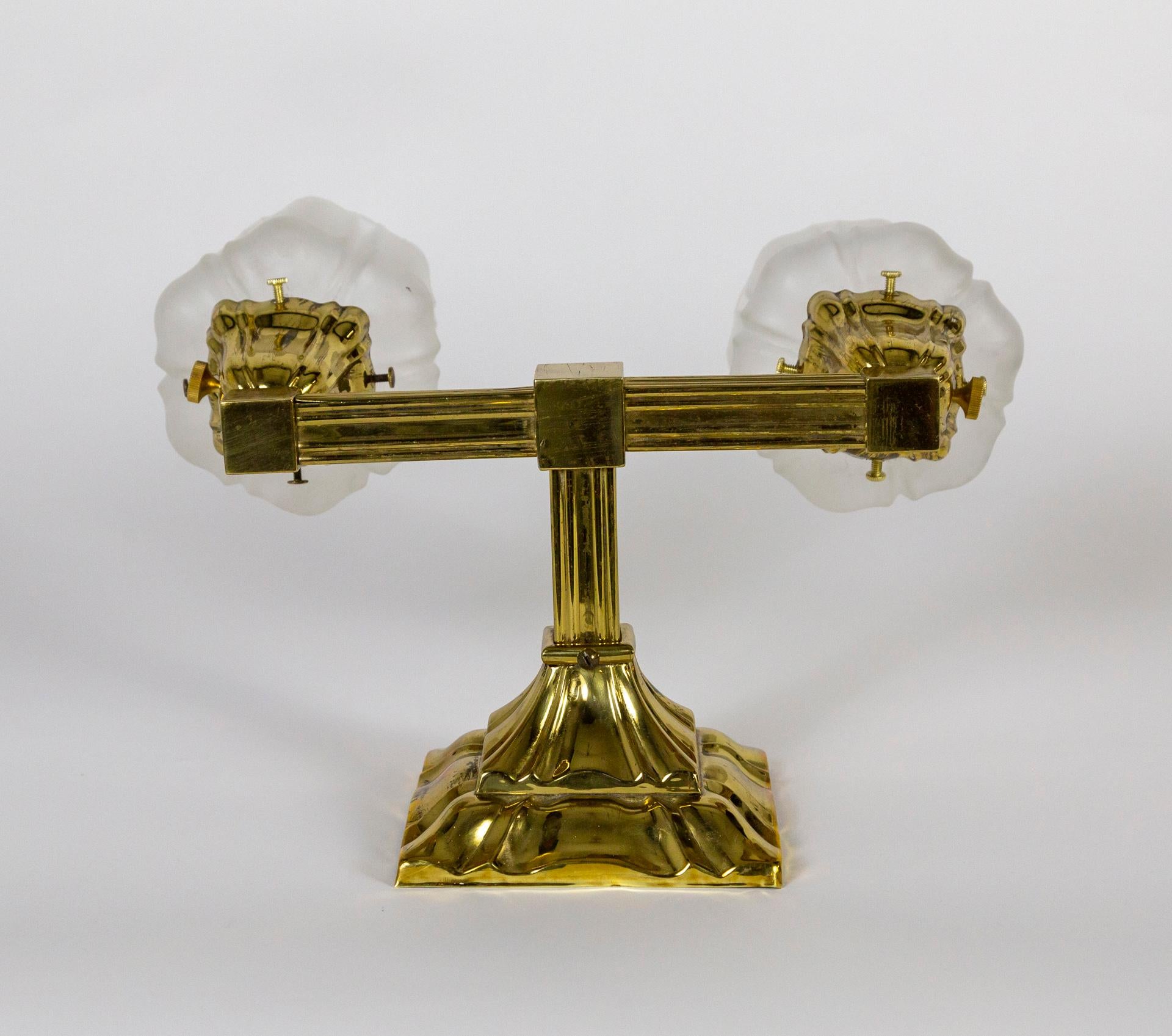 1930s Brass 2-Arm Sheffield Sconce W/ Frosted Glass Shades For Sale 5