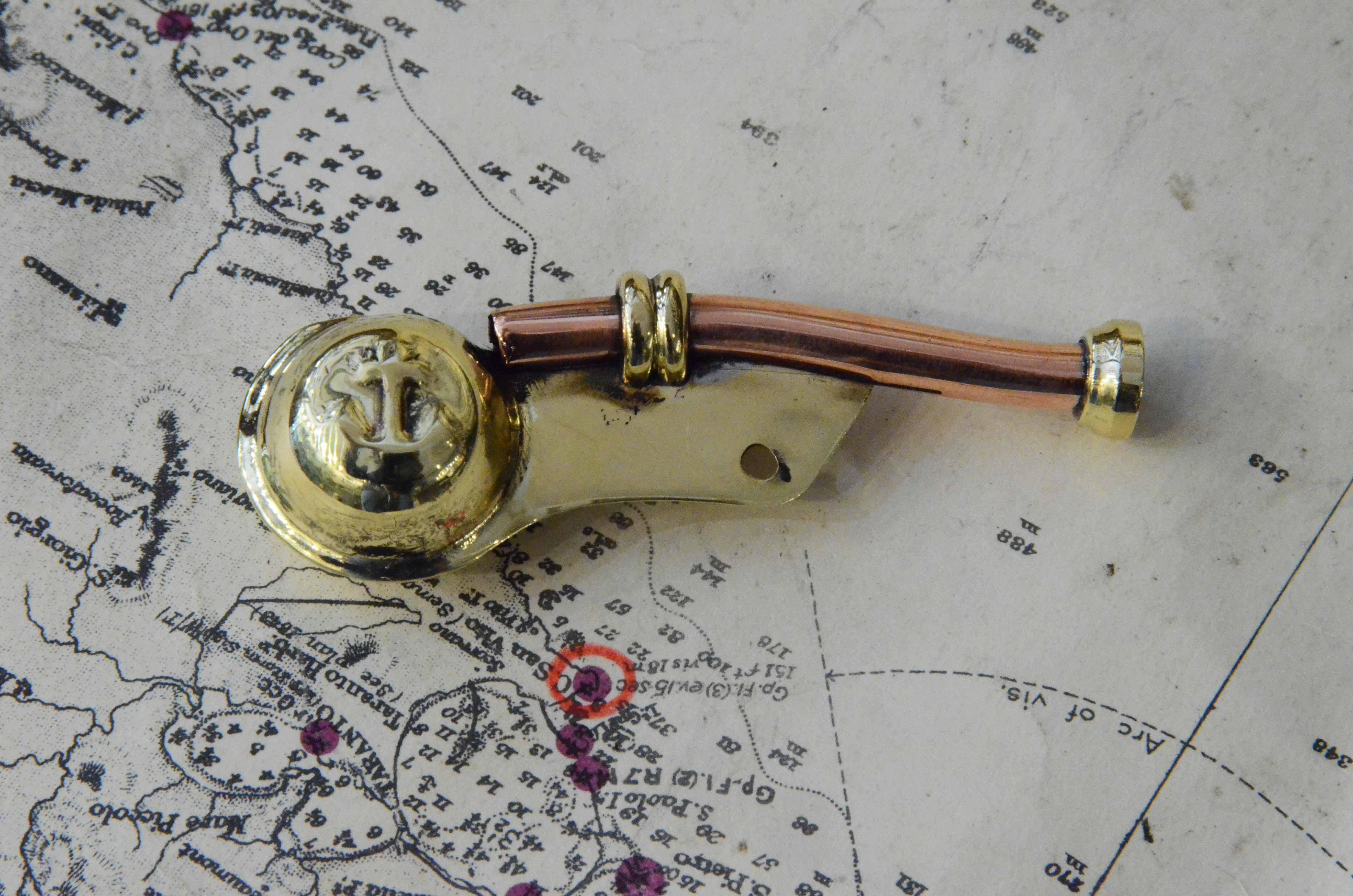 1930s Brass and Copper Boatswain Whistle Antique Nautical Tool In Good Condition In Milan, IT