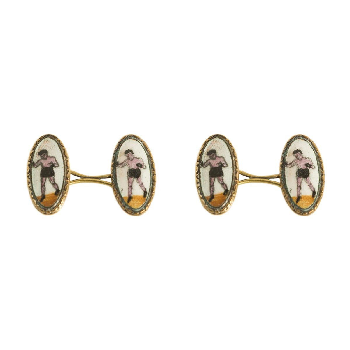 1930s brass and enamel cufflinks. Double cufflinks depicting boxers, special pattern and design. Elegant for any occasion, just a few elements are enough to outline a man of class. The first evidence of the use of cufflinks dates back to the