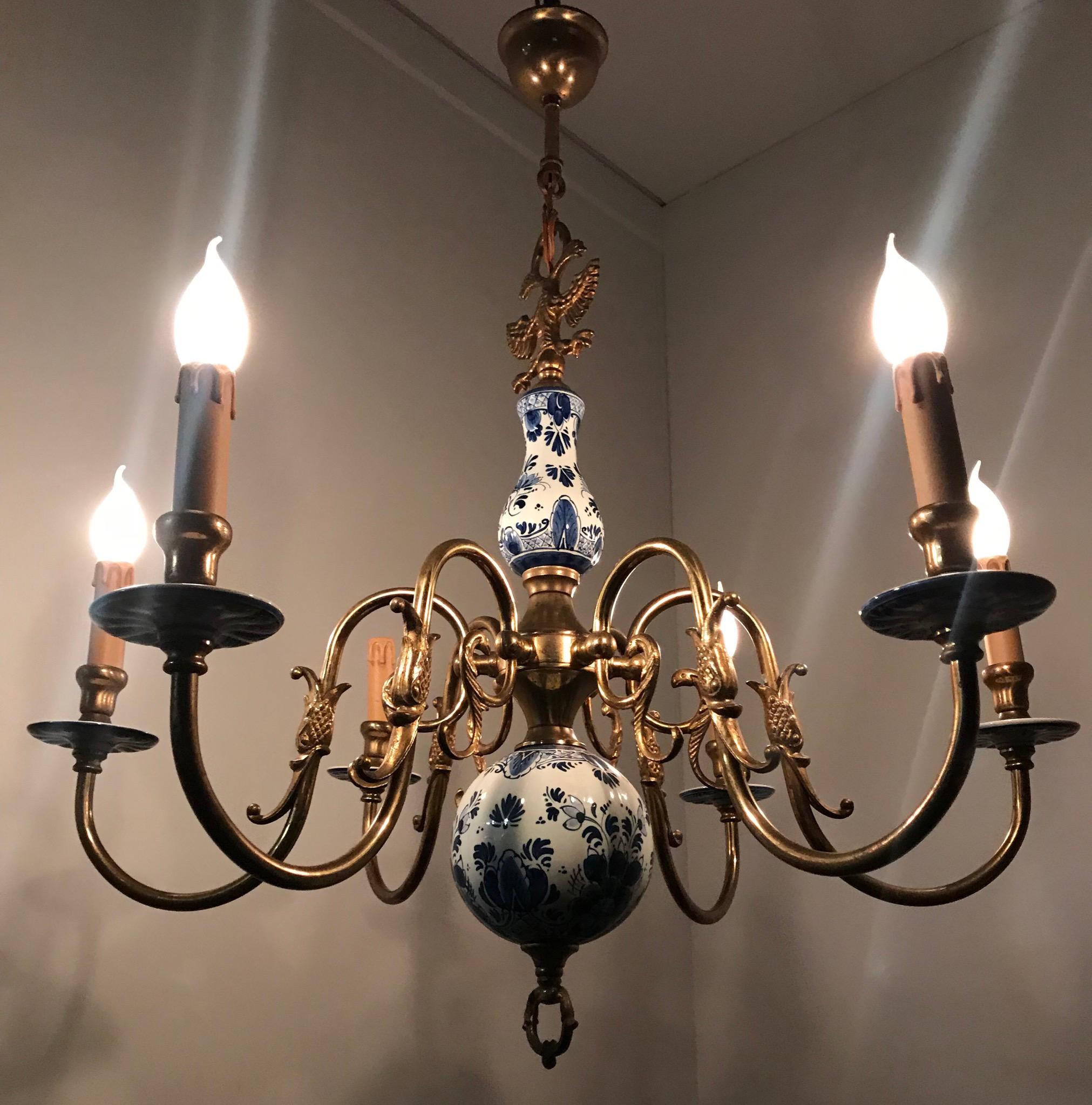 1930s Brass and Porcelain Delft Blue Chandelier, Double Headed Eagle Sculptures 1