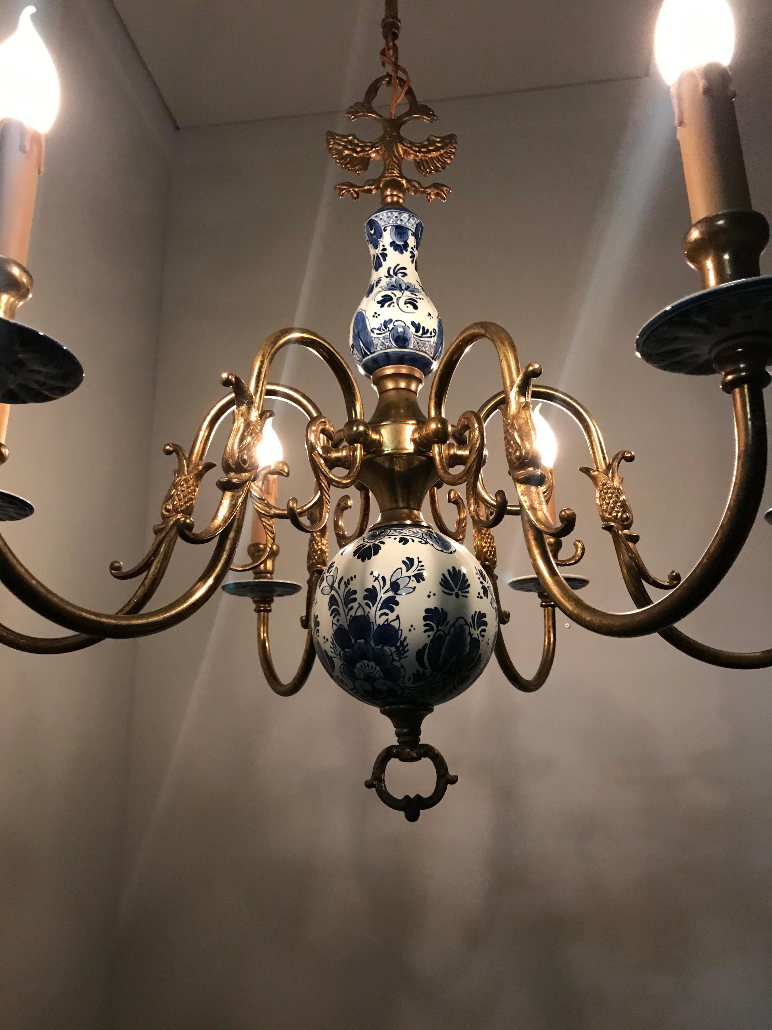 1930s Brass and Porcelain Delft Blue Chandelier, Double Headed Eagle Sculptures 2