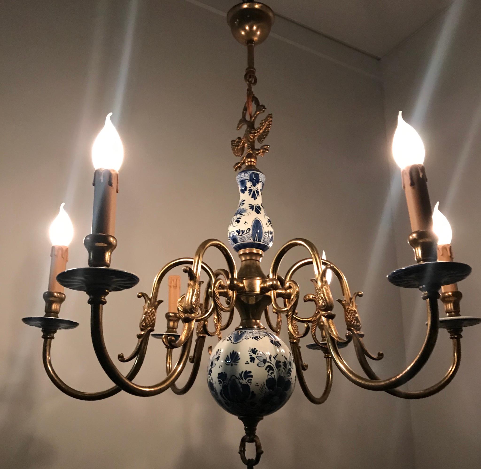 1930s Brass and Porcelain Delft Blue Chandelier, Double Headed Eagle Sculptures 3