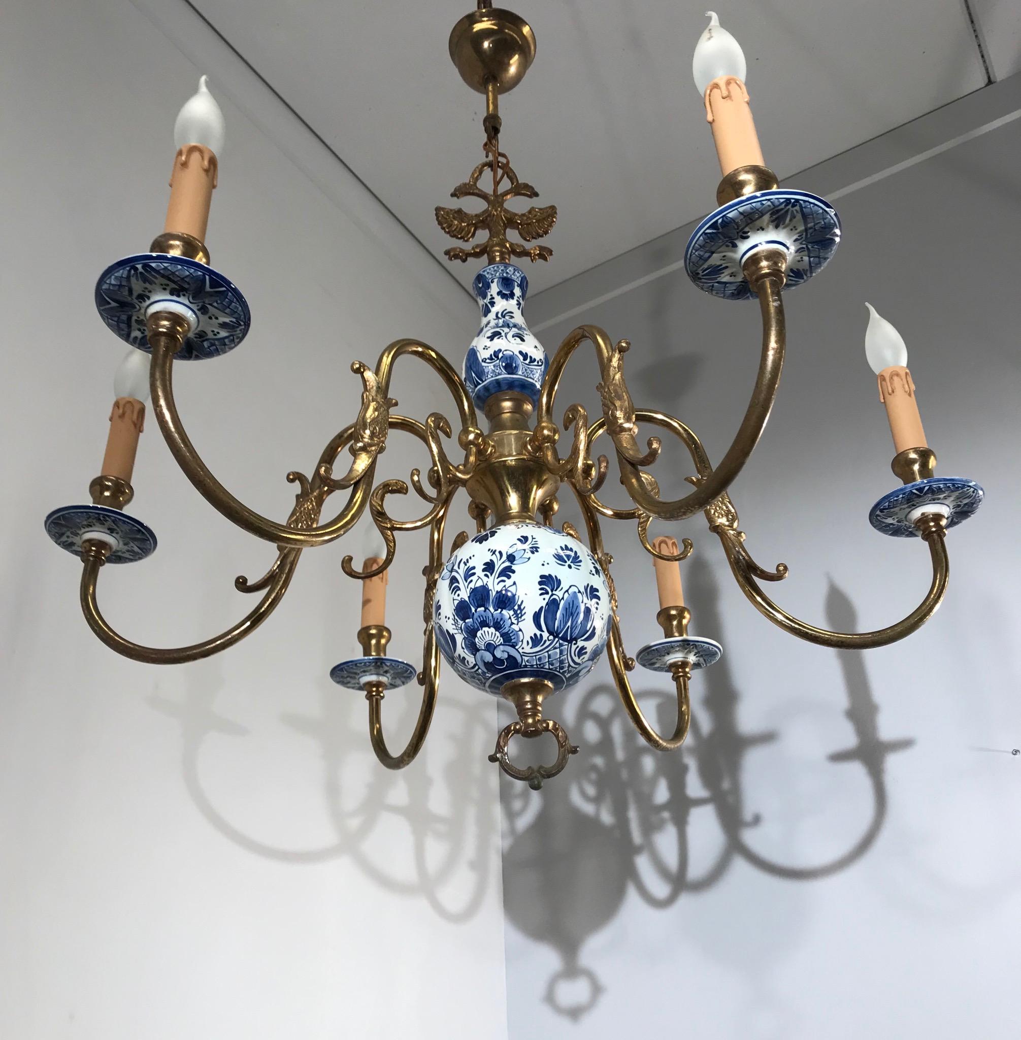 1930s Brass and Porcelain Delft Blue Chandelier, Double Headed Eagle Sculptures 4