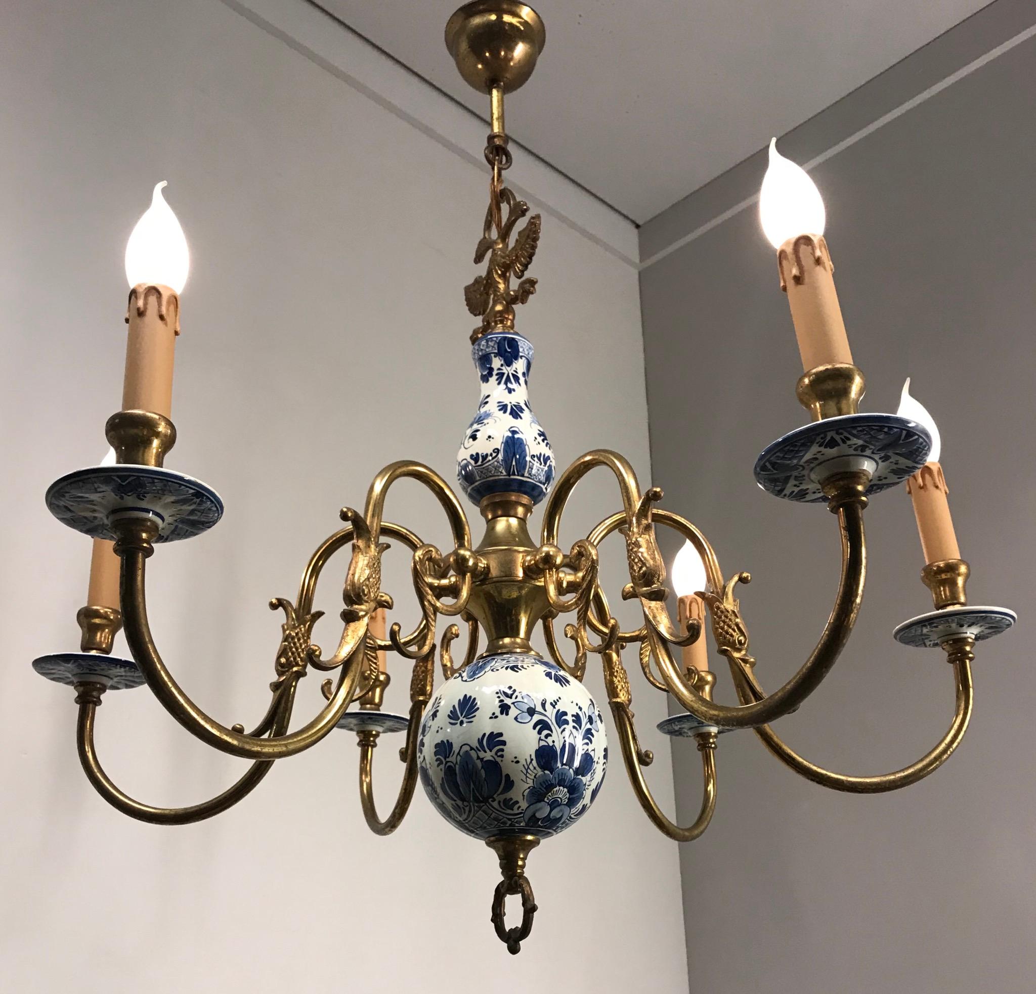 1930s Brass and Porcelain Delft Blue Chandelier, Double Headed Eagle Sculptures 7