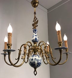 1930s Brass and Porcelain Delft Blue Chandelier, Double Headed Eagle Sculptures