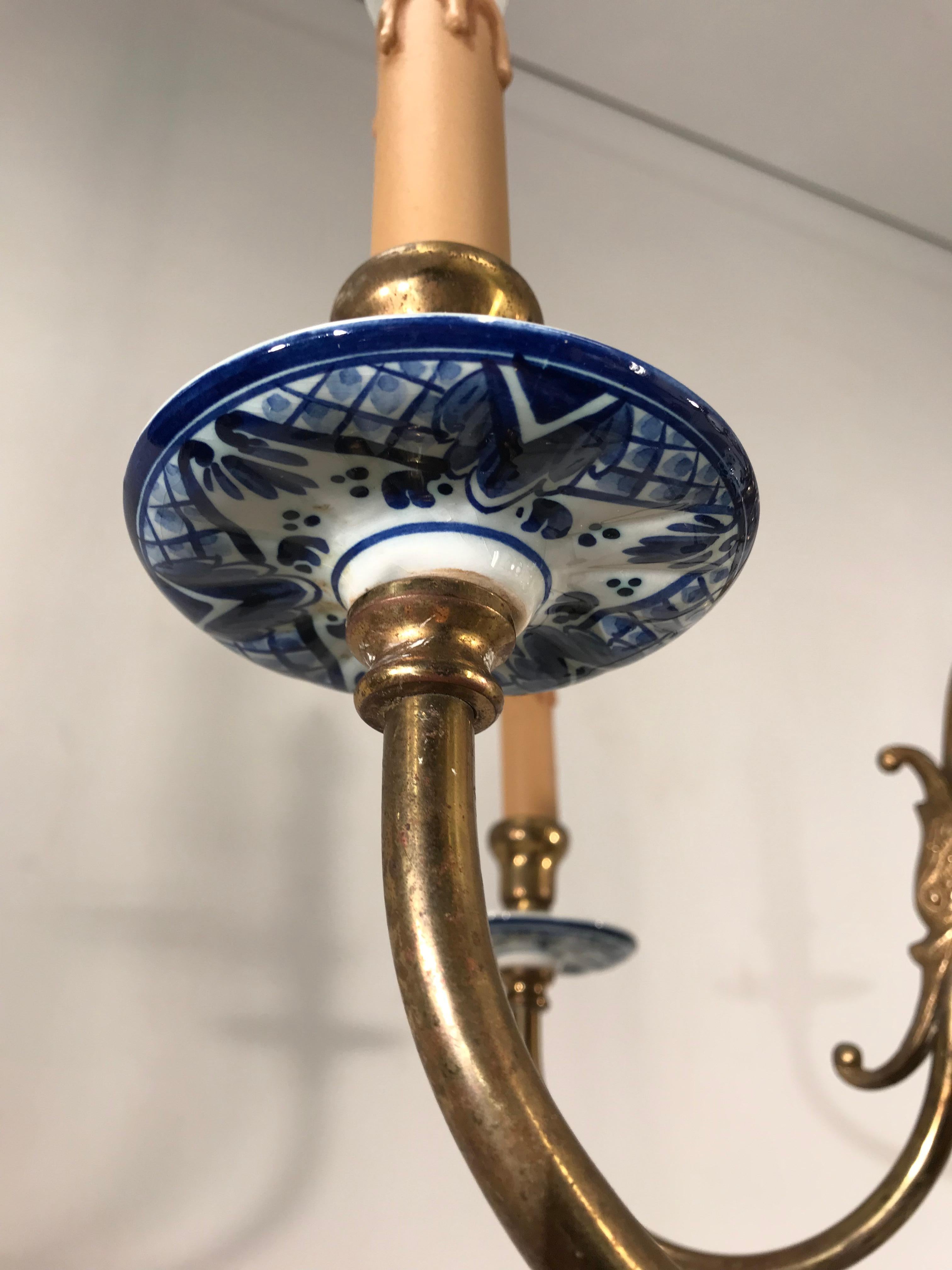 Dutch 1930s Brass and Porcelain Delft Blue Chandelier, Double Headed Eagle Sculptures