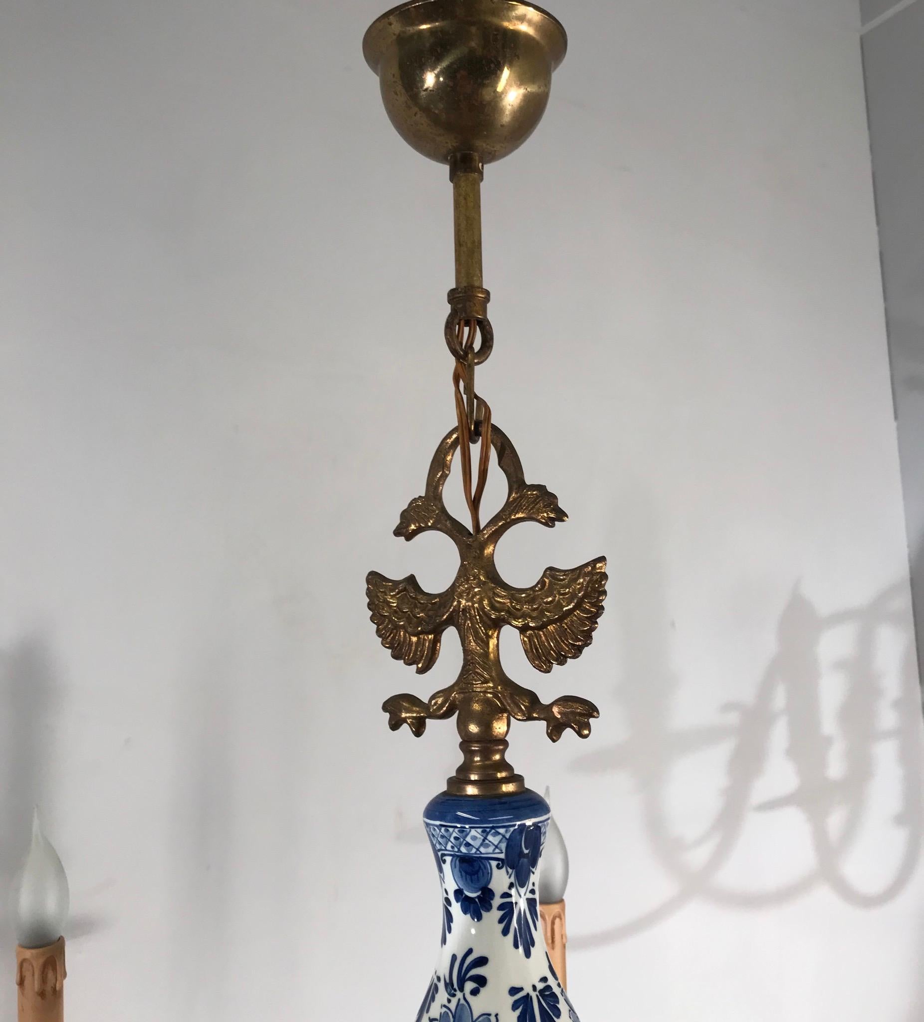 1930s Brass and Porcelain Delft Blue Chandelier, Double Headed Eagle Sculptures In Good Condition In Lisse, NL