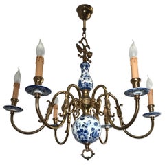 1930s Brass and Porcelain Delft Blue Chandelier, Double Headed Eagle Sculptures