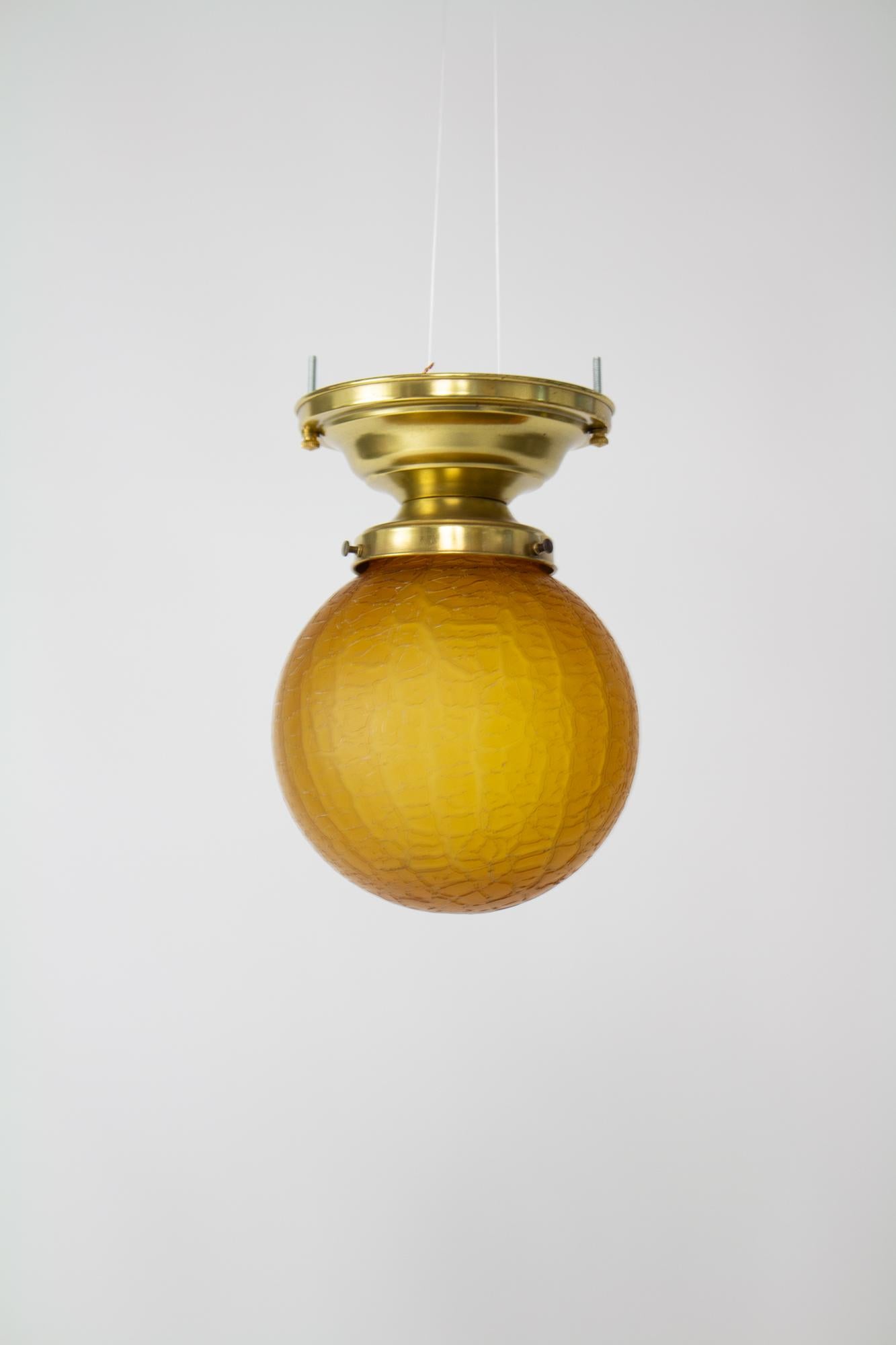 Art Deco 1930’s Brass Flush Mount Fixture with Amber Crackle Glass For Sale