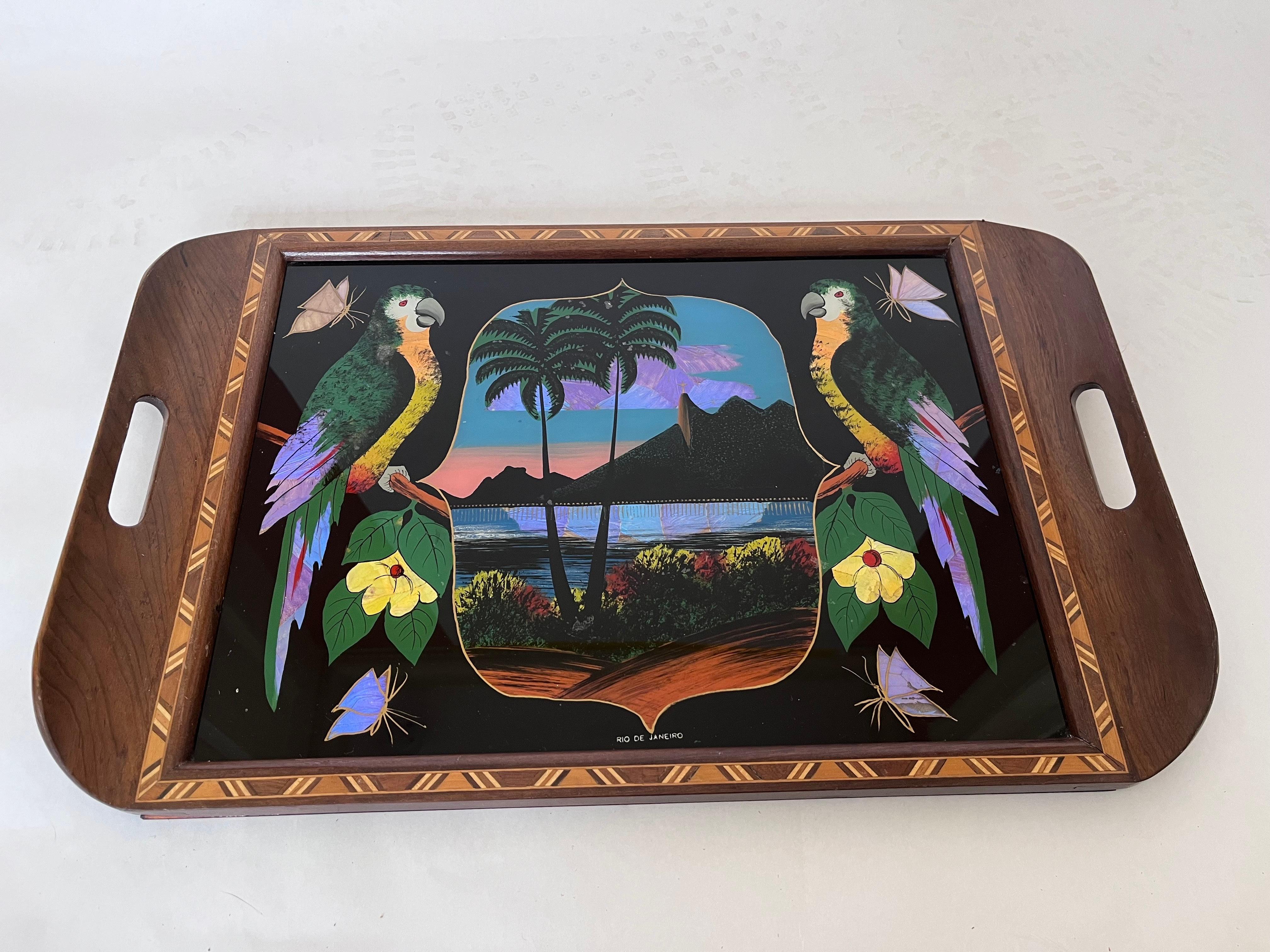 Mid-20th Century 1930s Brazilian Art Deco Butterfly Wing Cocktail Tray Rio de Janeiro Landscape For Sale