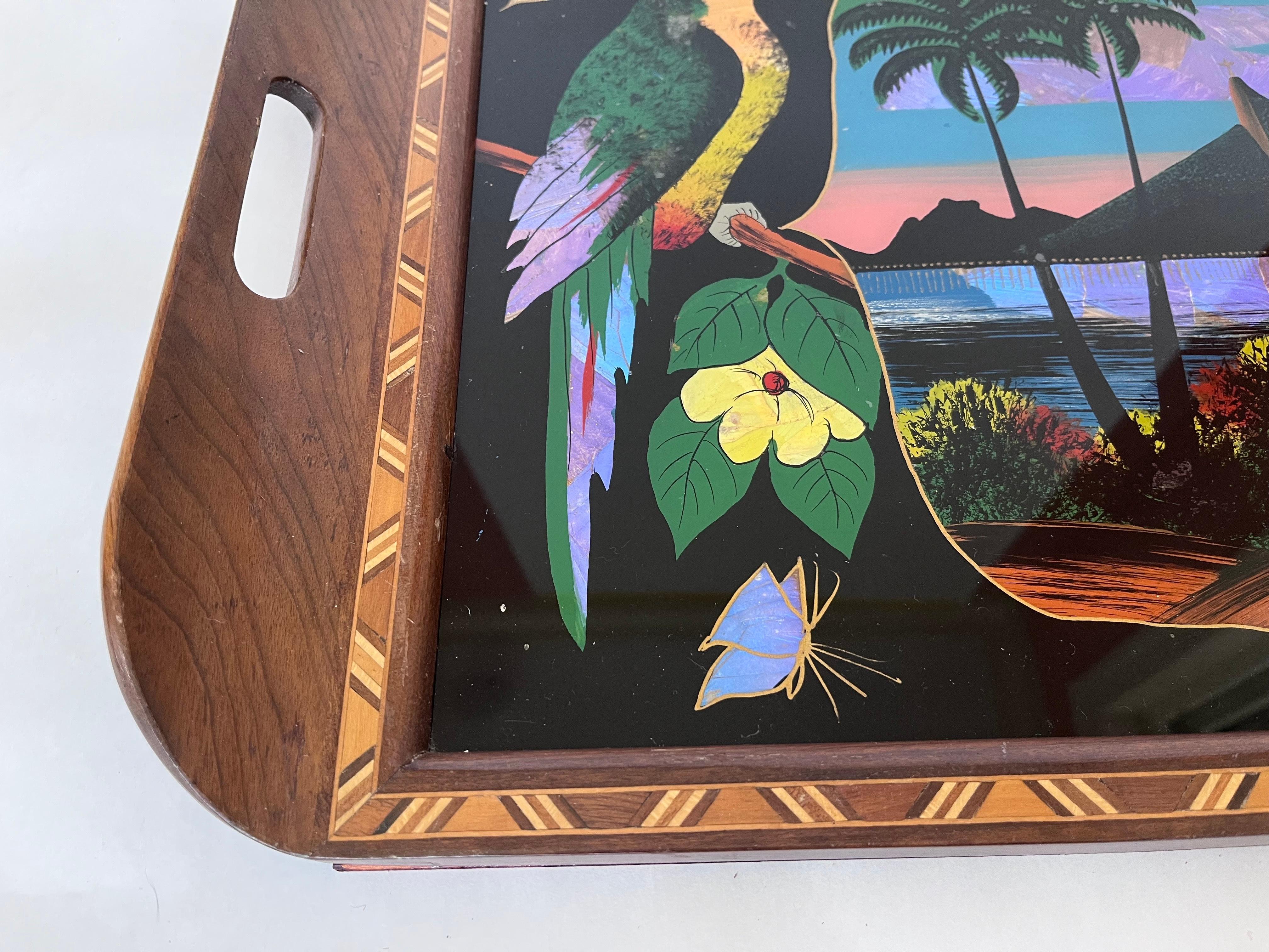 Enamel 1930s Brazilian Art Deco Butterfly Wing Cocktail Tray Rio de Janeiro Landscape For Sale