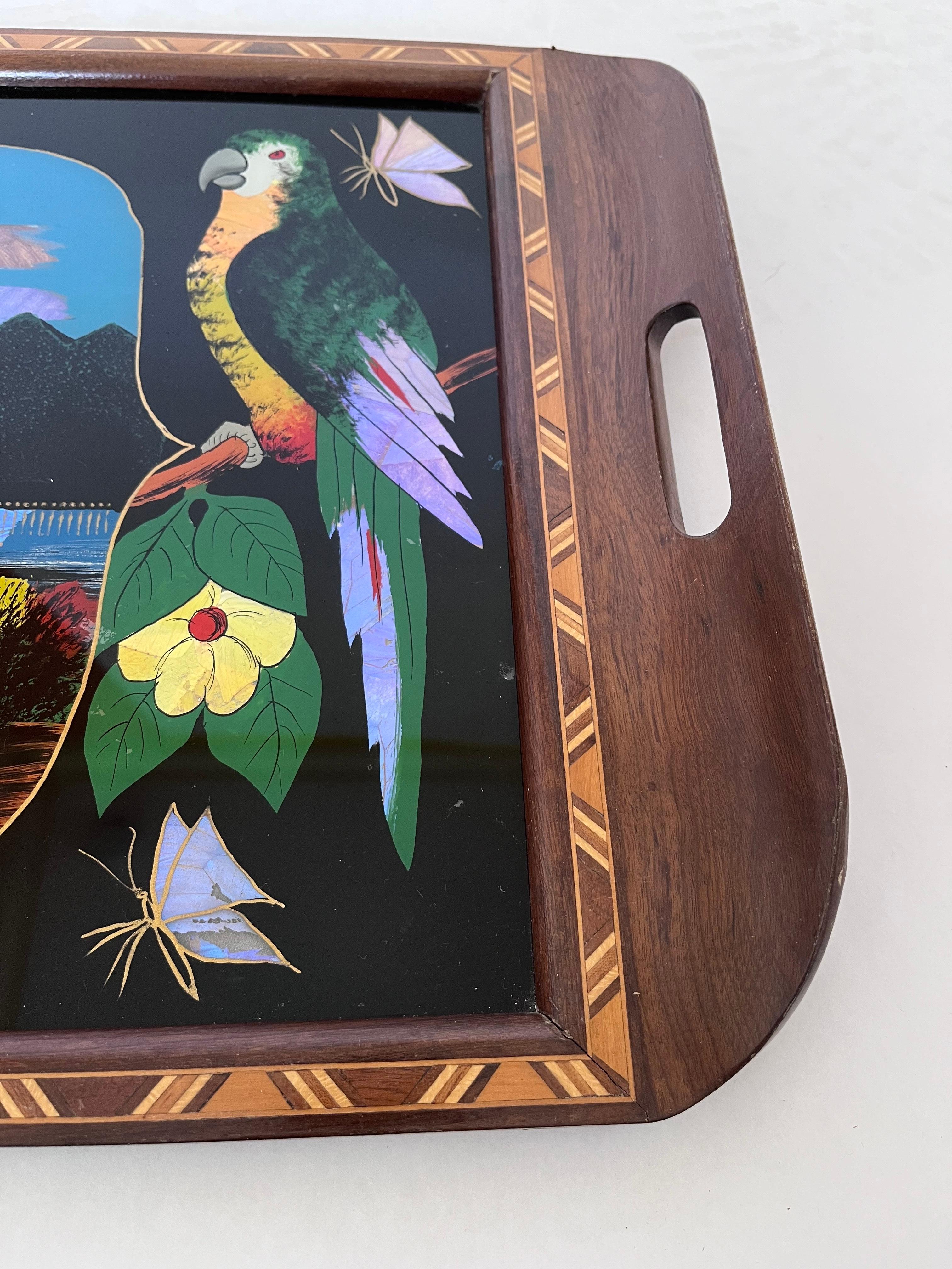 1930s Brazilian Art Deco Butterfly Wing Cocktail Tray Rio de Janeiro Landscape For Sale 1