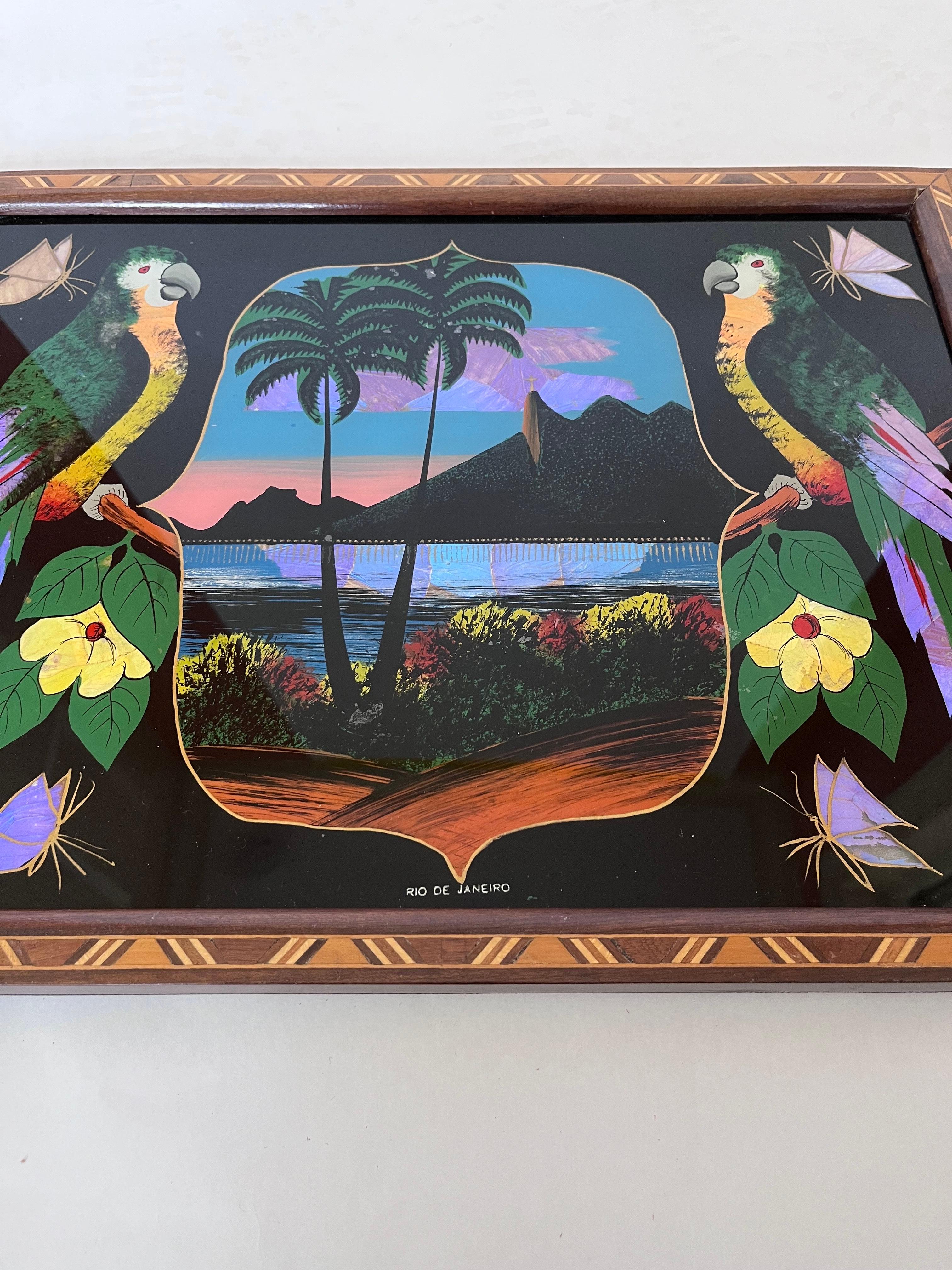 1930s Brazilian Art Deco Butterfly Wing Cocktail Tray Rio de Janeiro Landscape For Sale 2