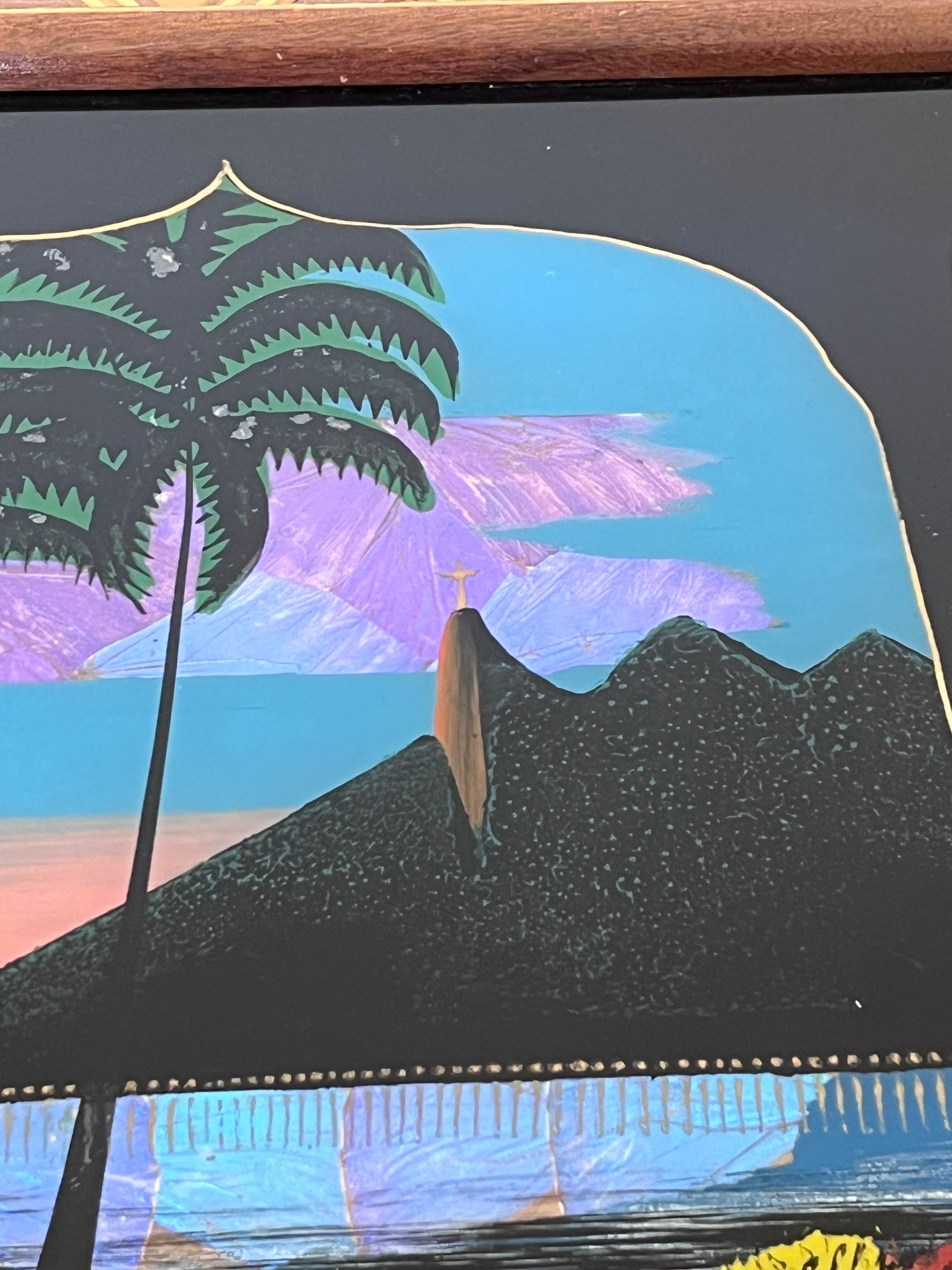 1930s Brazilian Art Deco Butterfly Wing Cocktail Tray Rio de Janeiro Landscape For Sale 3