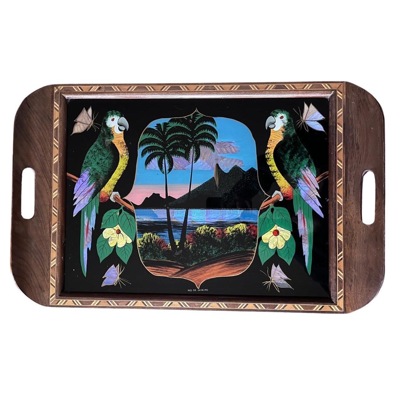 1930s Brazilian Art Deco Butterfly Wing Cocktail Tray Rio de Janeiro Landscape For Sale