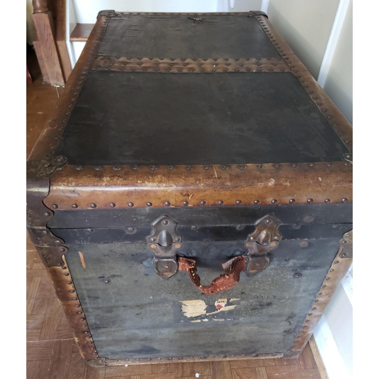 North American 1930s Breakless Leather and Steel Steamer Trunk