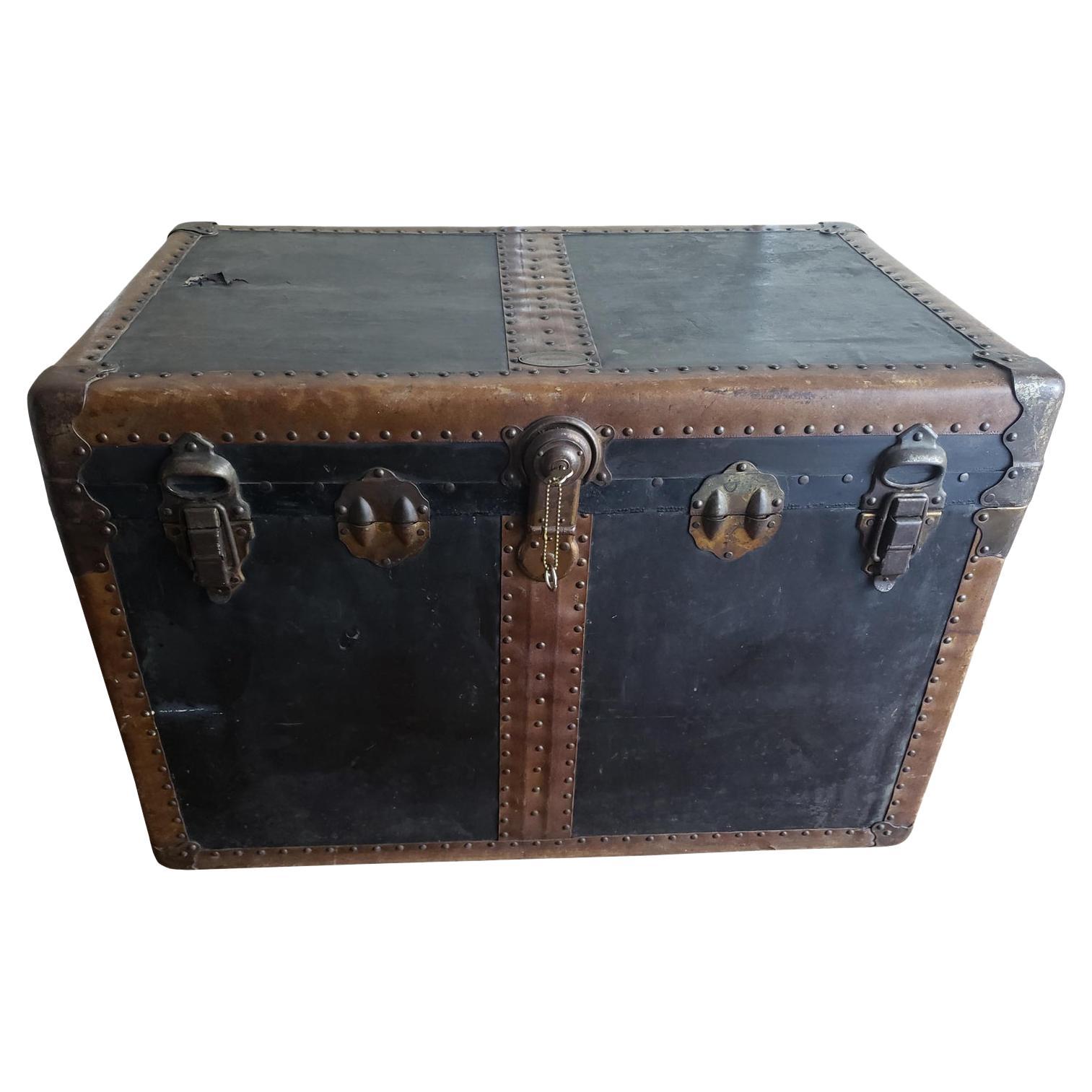 1930s Breakless Leather and Steel Steamer Trunk