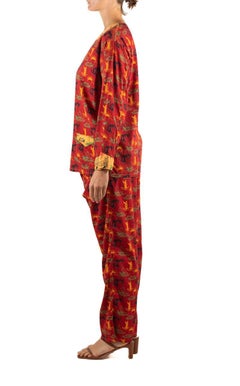 1930S Brick Red & Yellow Cotton Asian Novelty Printed Men's Pajamas