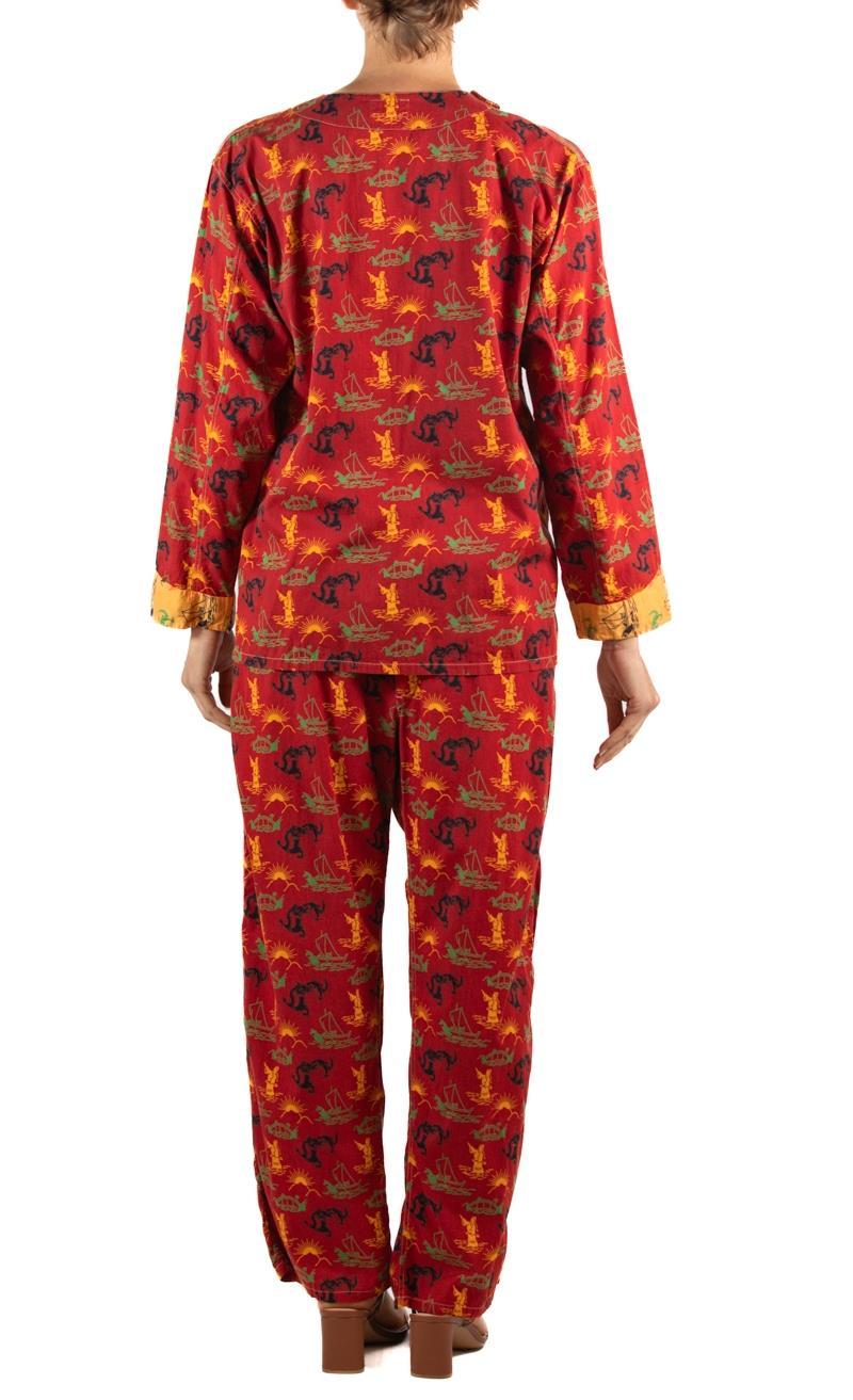 Women's or Men's 1930S Brick Red & Yellow Cotton Asian Novelty Printed Men's Pajamas For Sale
