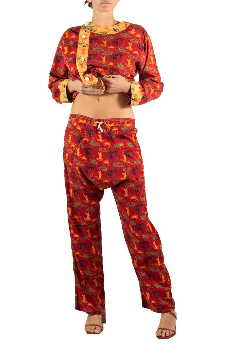 1930S Brick Red & Yellow Cotton Asian Novelty Printed Men's Pajamas For Sale 1
