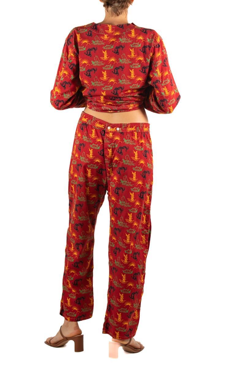 1930S Brick Red & Yellow Cotton Asian Novelty Printed Men's Pajamas For Sale 3