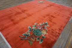 1930s Bright Orange Minimalist Floral Chinese Art Deco Rug 9'10" x 13'2" Carpet