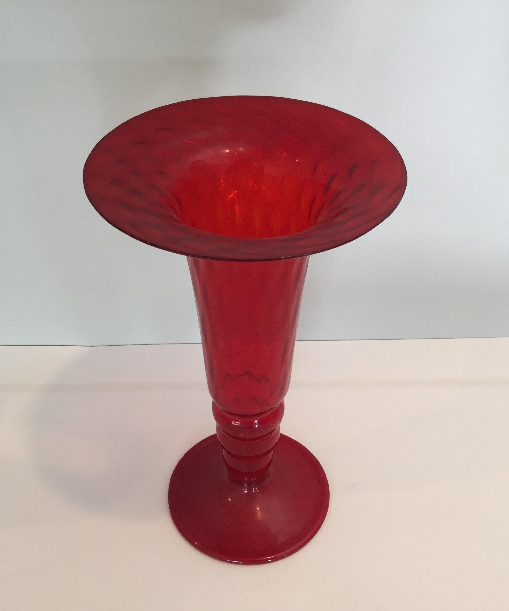 Brilliant red 1930s trumpet vase attributed to Napoleone Martinuzzi.