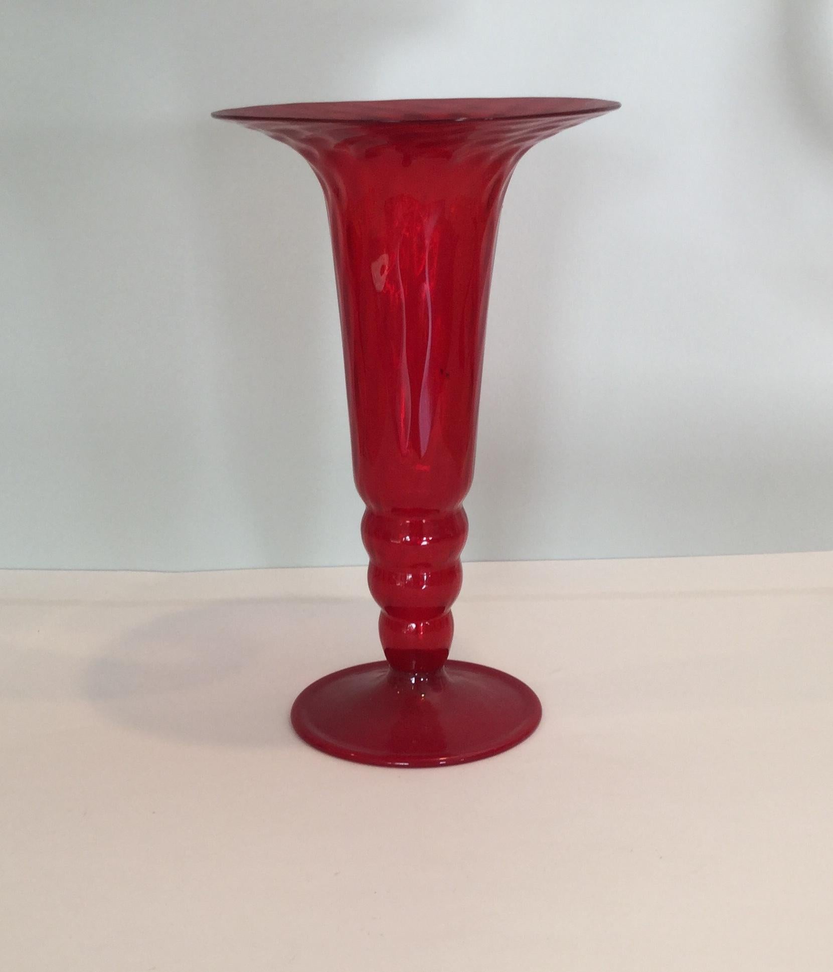 Art Deco 1930s Brilliant Red Murano Trumpet Vase Attributed to Napoleone Martinuzzi For Sale