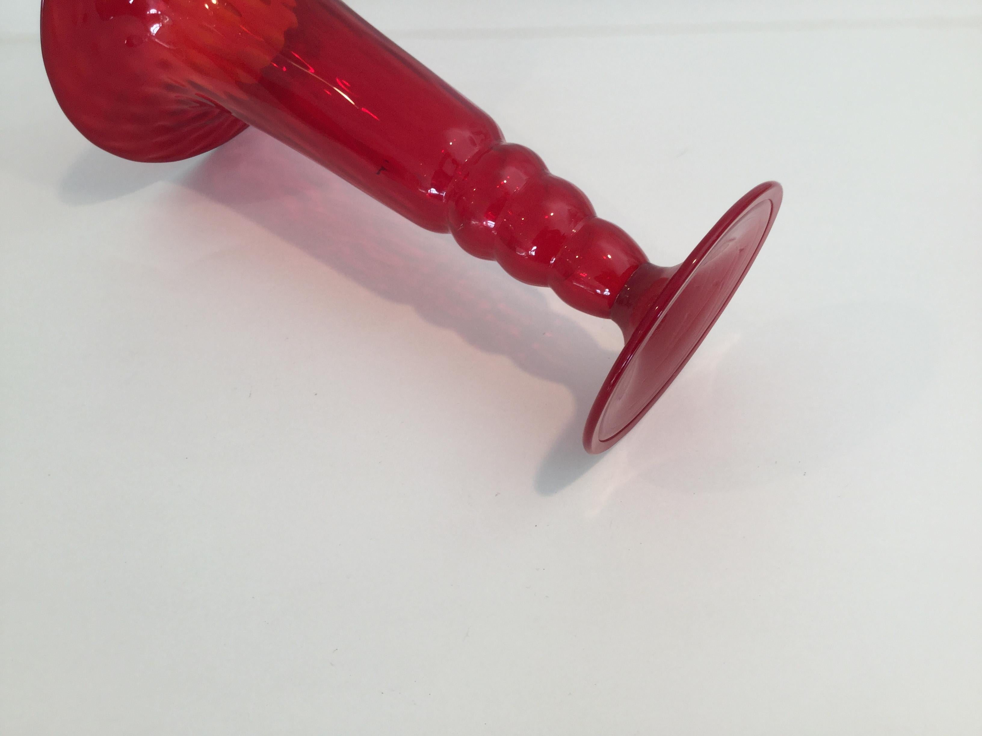 Italian 1930s Brilliant Red Murano Trumpet Vase Attributed to Napoleone Martinuzzi For Sale