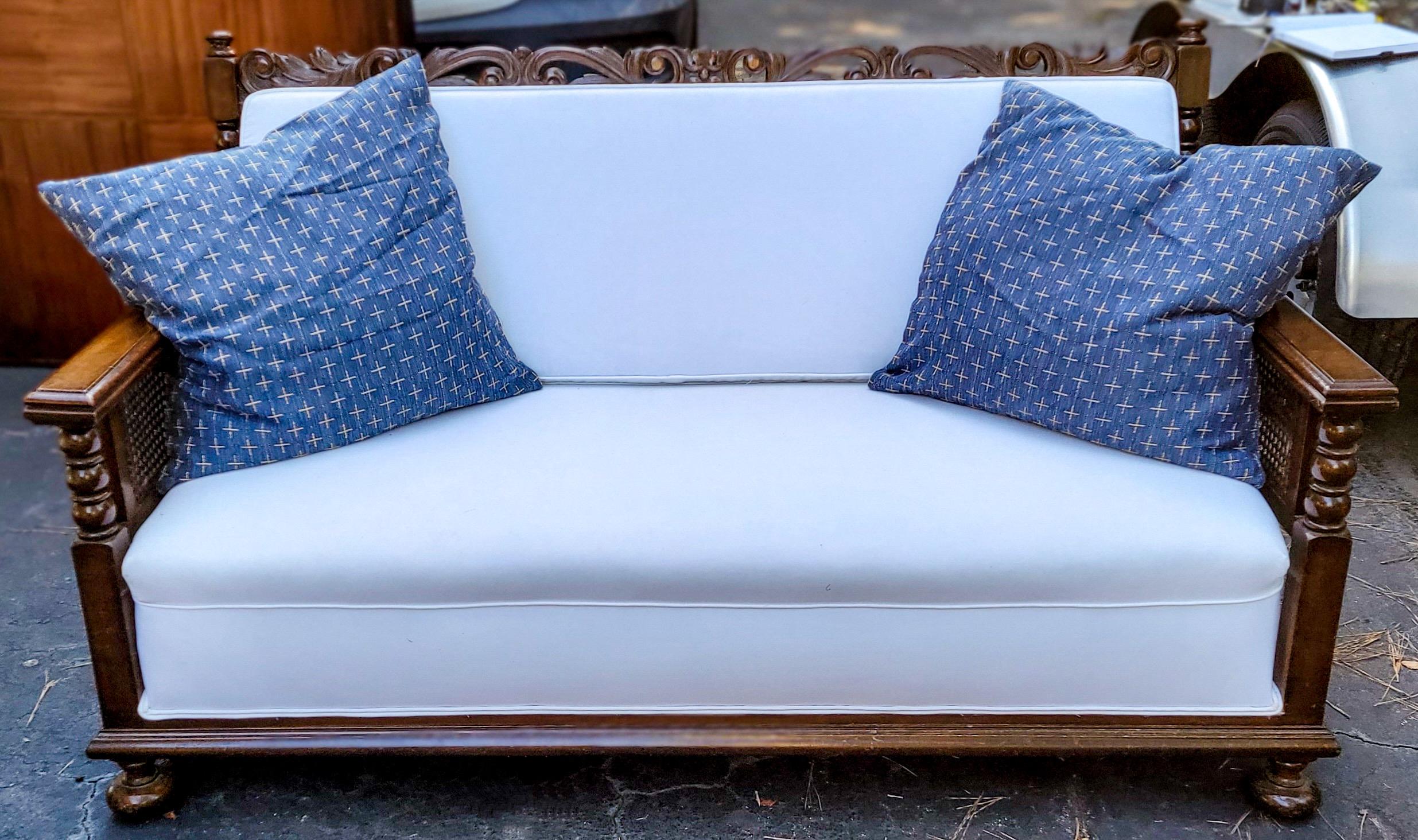 1930s British Colonial Style Blue and White Carved Oak Sofa / Settee Cane Back 4