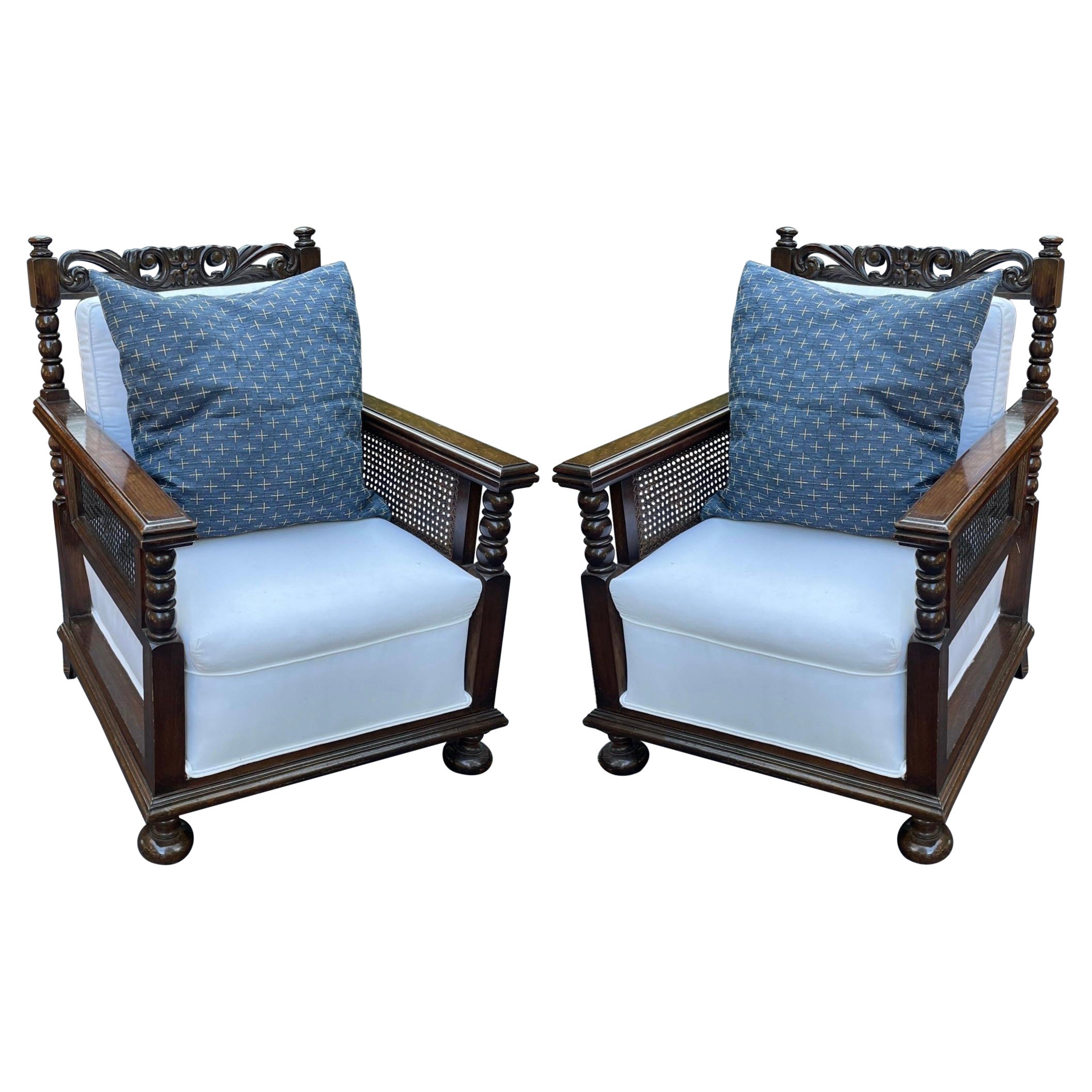 1930s British Colonial Style Carved Oak and Cane Club Chairs, Pair