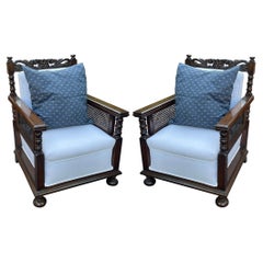 1930s British Colonial Style Carved Oak and Cane Club Chairs, Pair