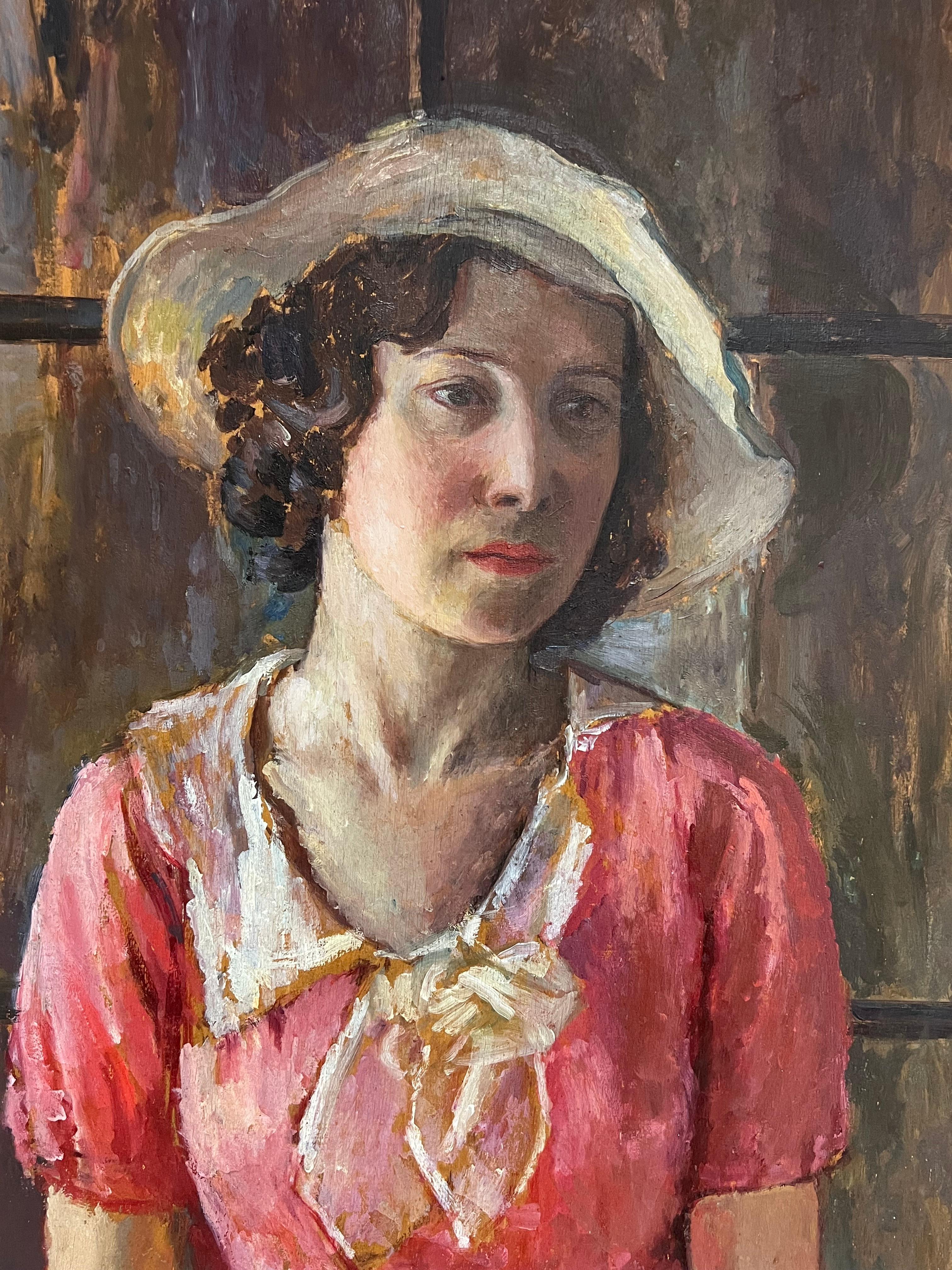 Sehr große 1930er Jahre Englisch Ölgemälde Holz Panel Porträt von Land Lady Pink im Angebot 5