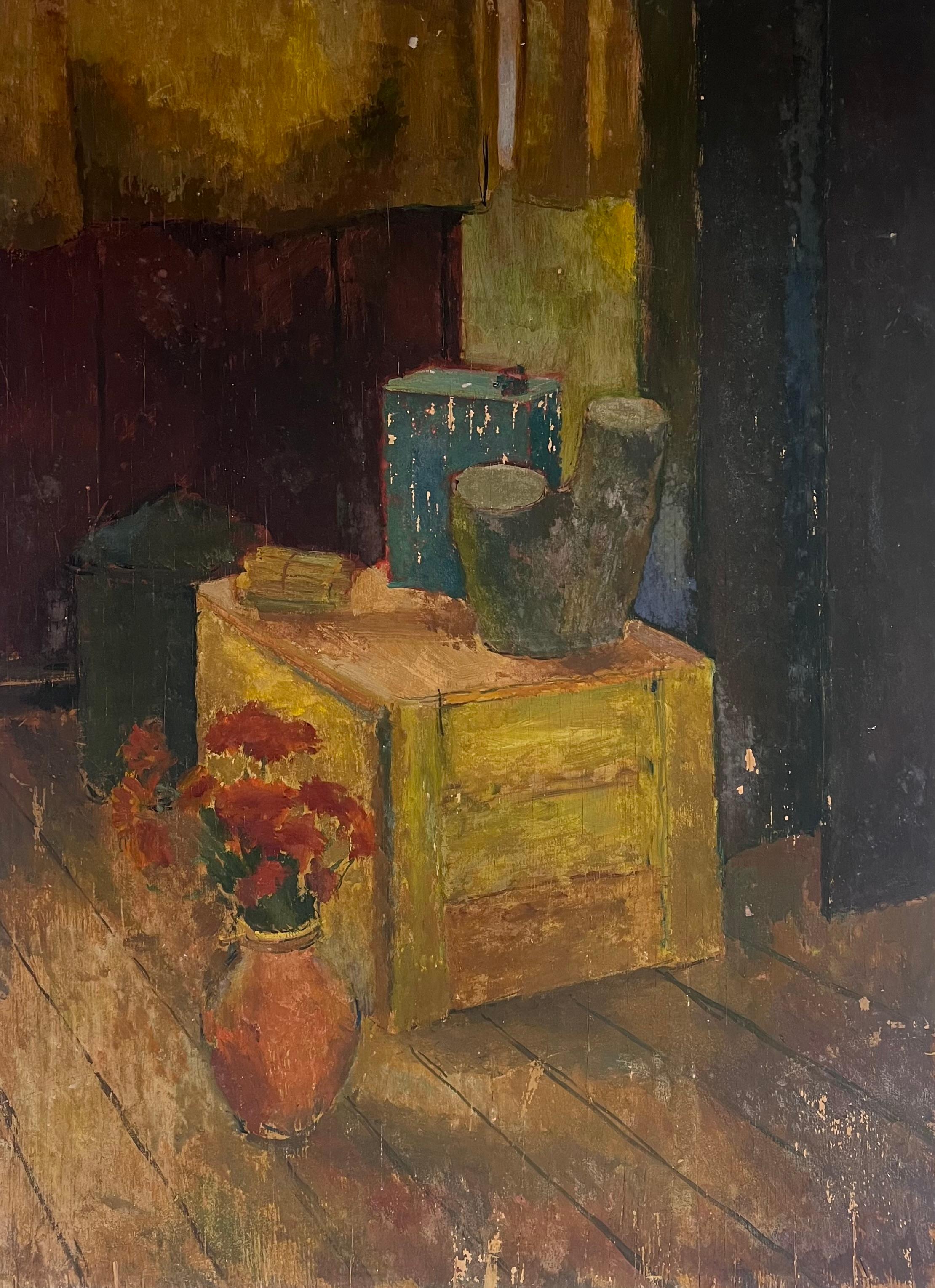 Sehr große 1930er Jahre Englisch Ölgemälde Holz Panel Porträt von Land Lady Pink im Angebot 6