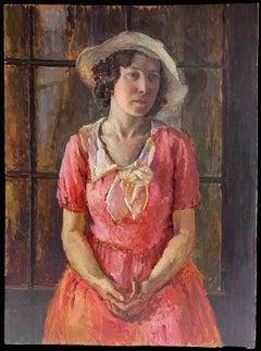 Pittura a olio inglese del 1930 su pannello di legno Ritratto di Lady Pink