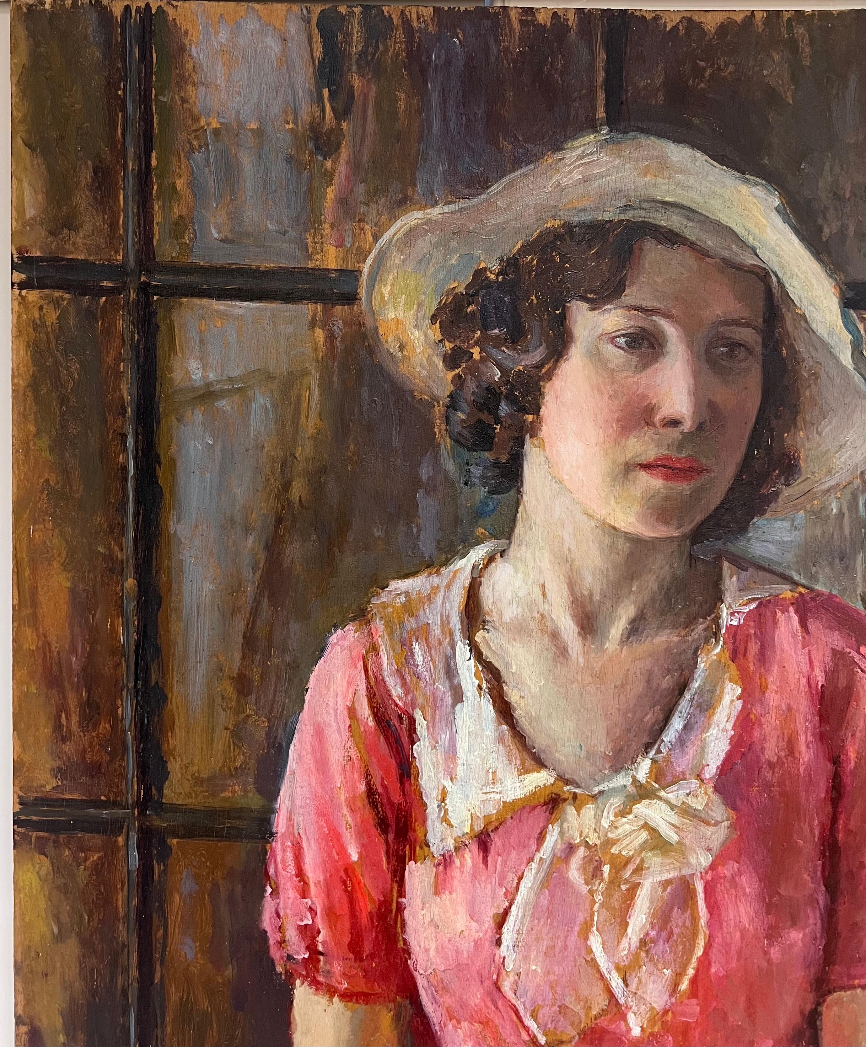 Sehr große 1930er Jahre Englisch Ölgemälde Holz Panel Porträt von Land Lady Pink (Englische Schule), Painting, von 1930's British 