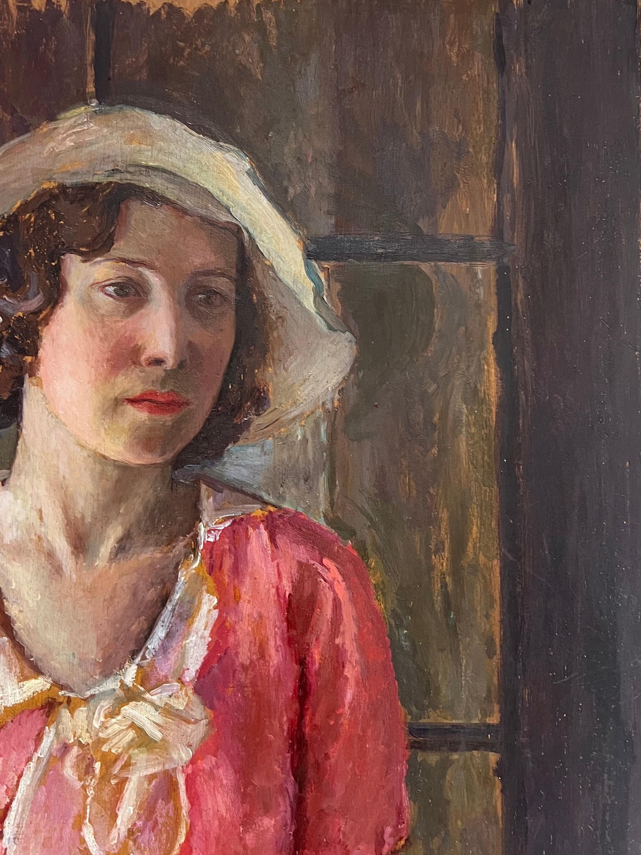 Sehr große 1930er Jahre Englisch Ölgemälde Holz Panel Porträt von Land Lady Pink (Braun), Figurative Painting, von 1930's British 