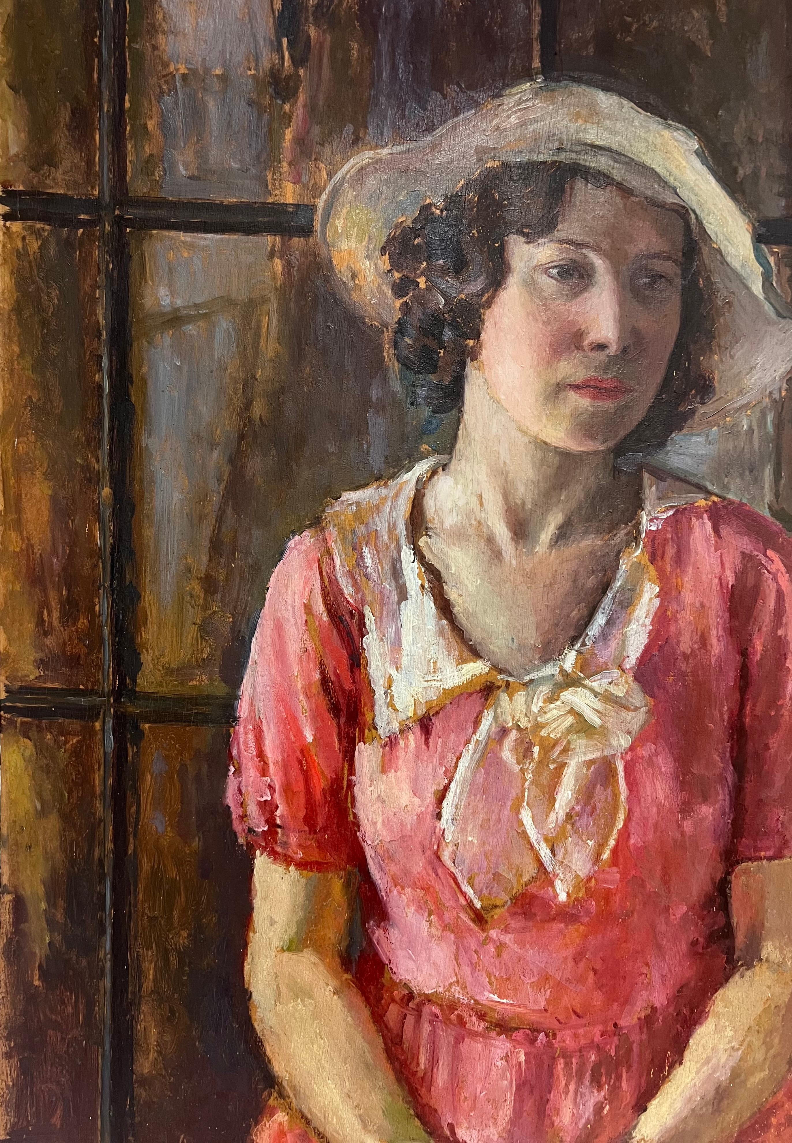 Sehr große 1930er Jahre Englisch Ölgemälde Holz Panel Porträt von Land Lady Pink im Angebot 1