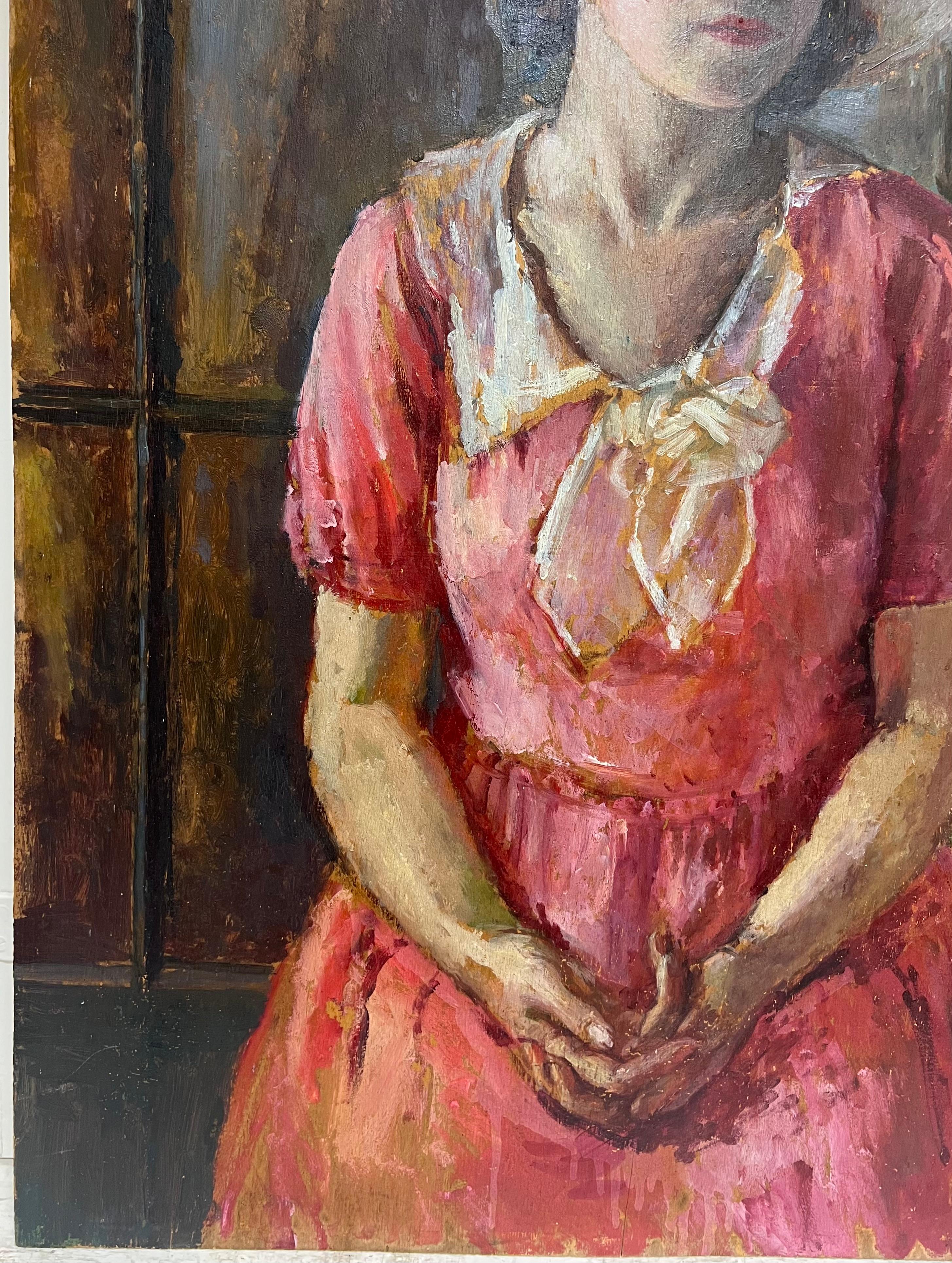 Sehr große 1930er Jahre Englisch Ölgemälde Holz Panel Porträt von Land Lady Pink im Angebot 2