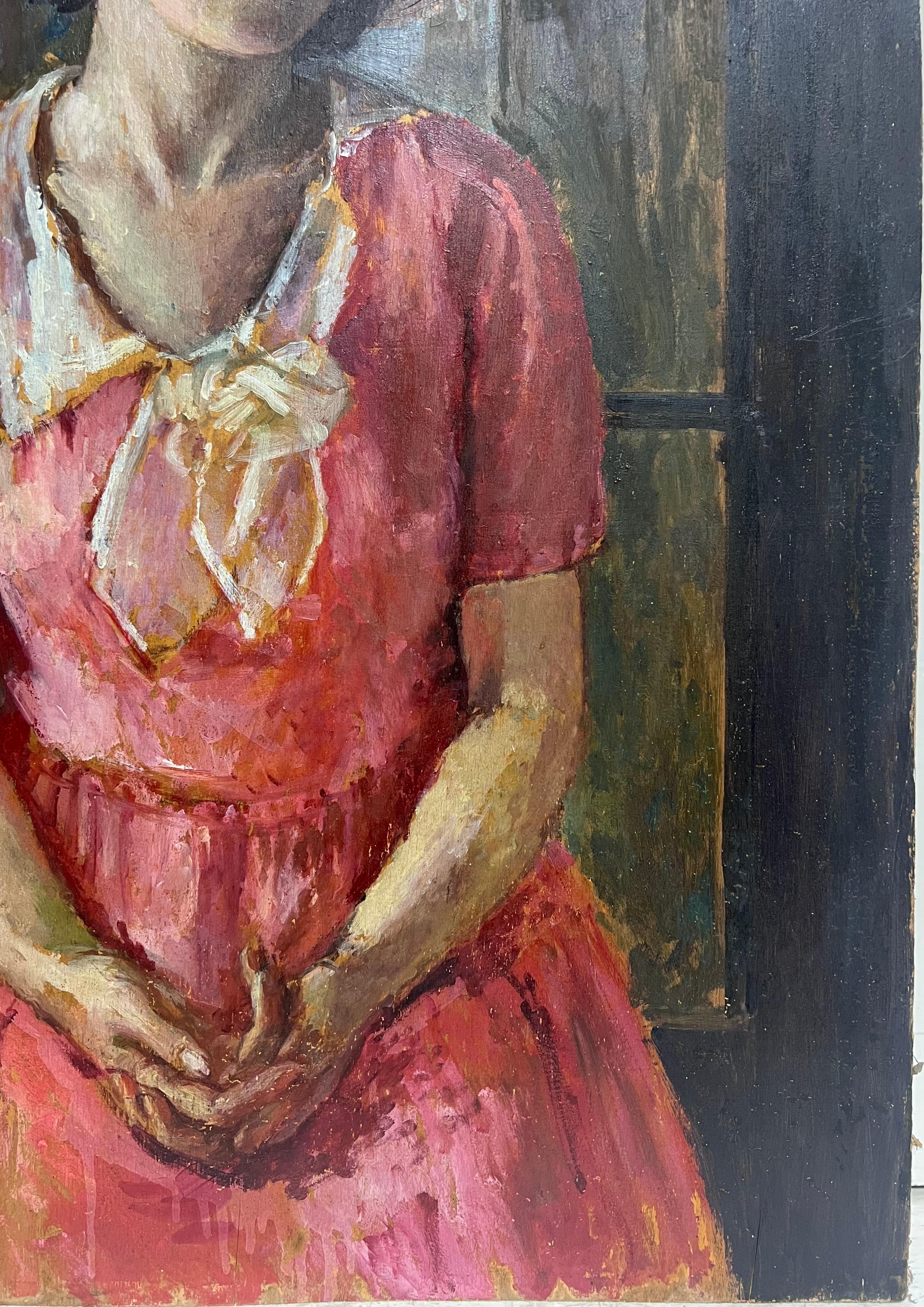 Sehr große 1930er Jahre Englisch Ölgemälde Holz Panel Porträt von Land Lady Pink im Angebot 3